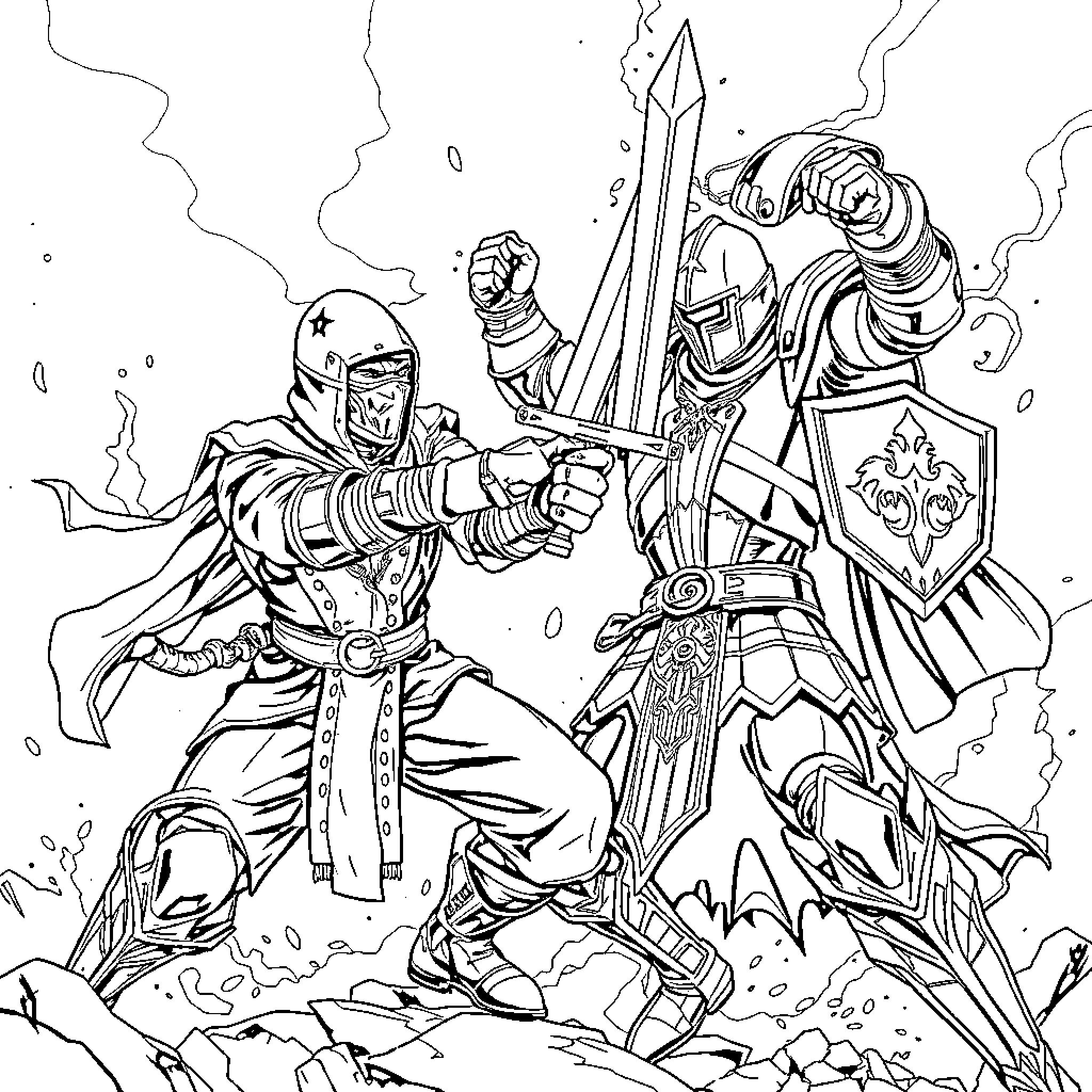 Sub Zero Clash of Armored Knights in Battle Coloring Page (free black-and-white line drawing printable PDF for all, from beginners to advanced learners, including children, teens, adults, and seniors)