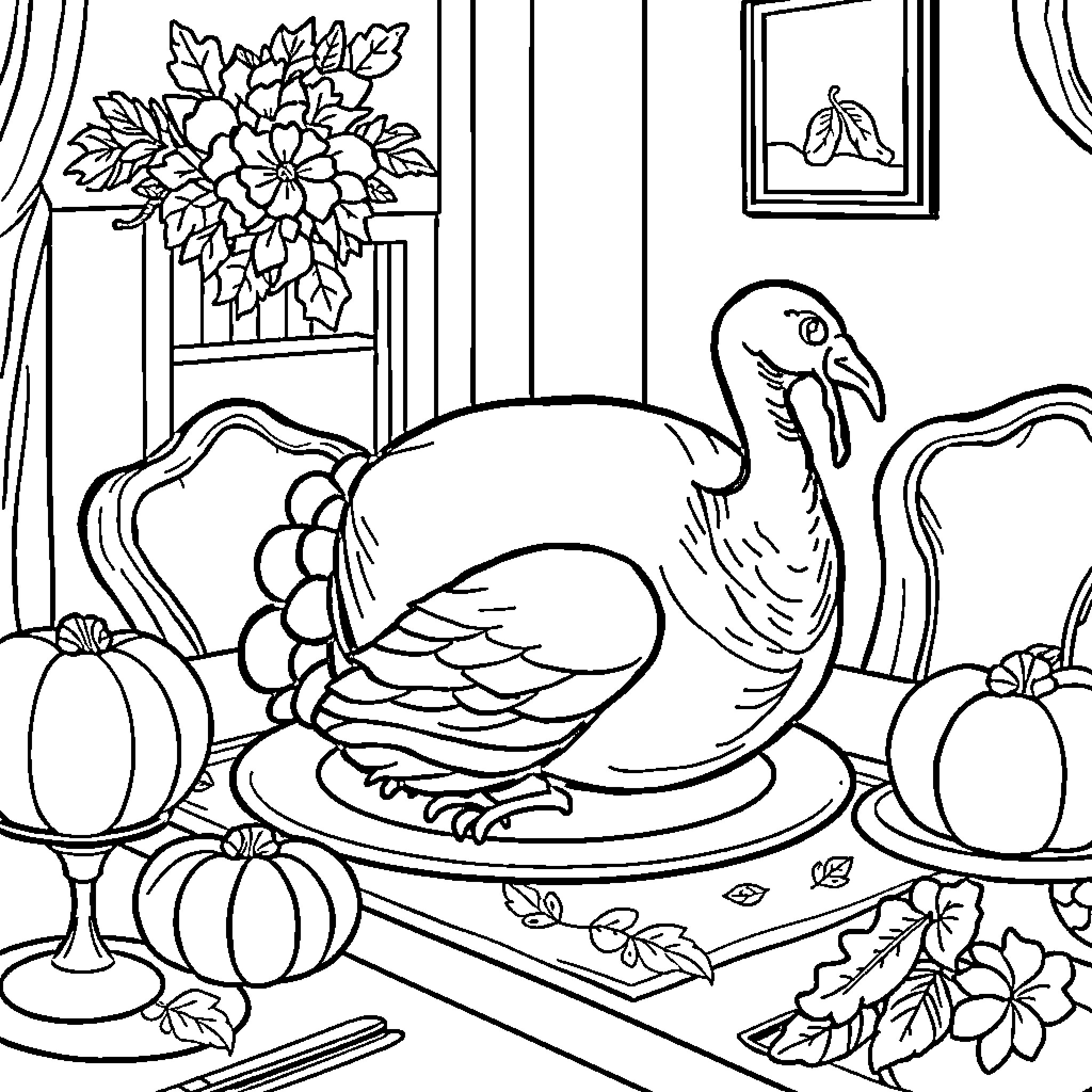 Turkey decorative display in a cozy home setting Coloring Page (free black-and-white line drawing printable PDF for all, from beginners to advanced learners, including children, teens, adults, and seniors)