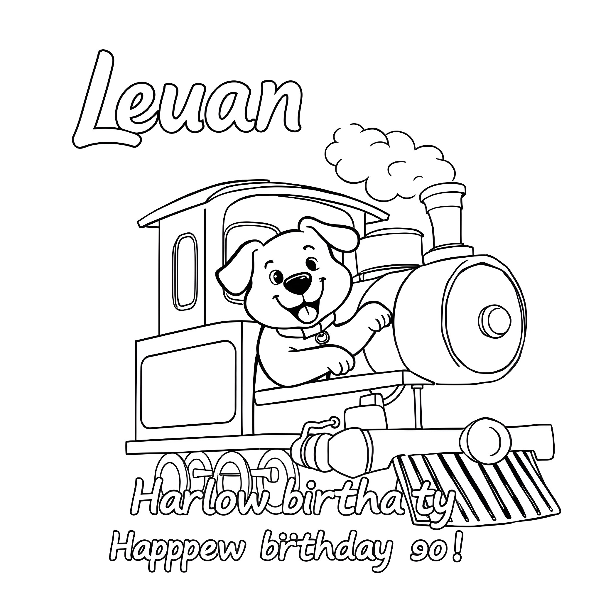 Dog riding a train for a birthday celebration Coloring Page (free black-and-white line drawing printable PDF for all, from beginners to advanced learners, including children, teens, adults, and seniors)