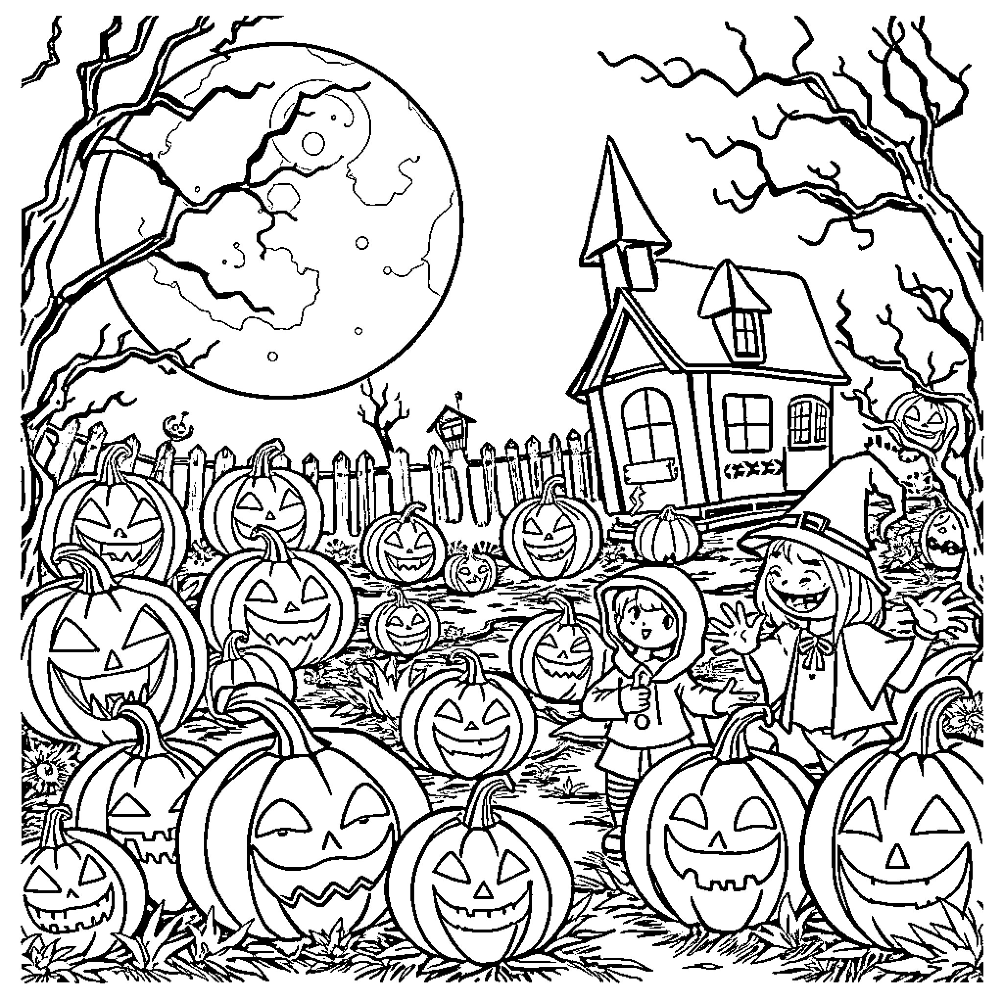 Halloween Festive Scene with Pumpkins and Haunted House Coloring Page (free black-and-white line drawing printable PDF for all, from beginners to advanced learners, including children, teens, adults, and seniors)
