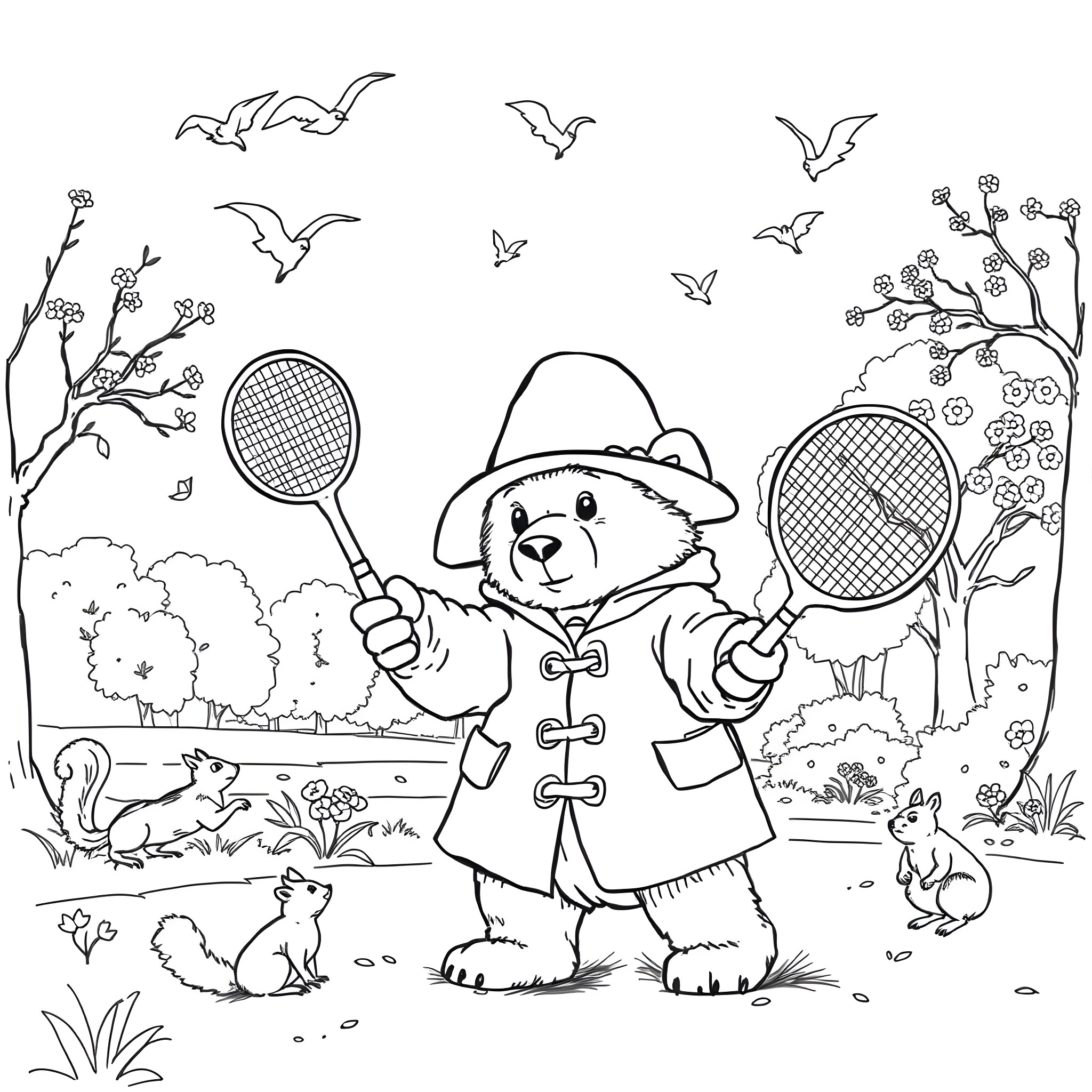 Paddington the bear playing with tennis rackets in the park Coloring Page (free black-and-white line drawing printable PDF for all, from beginners to advanced learners, including children, teens, adults, and seniors)