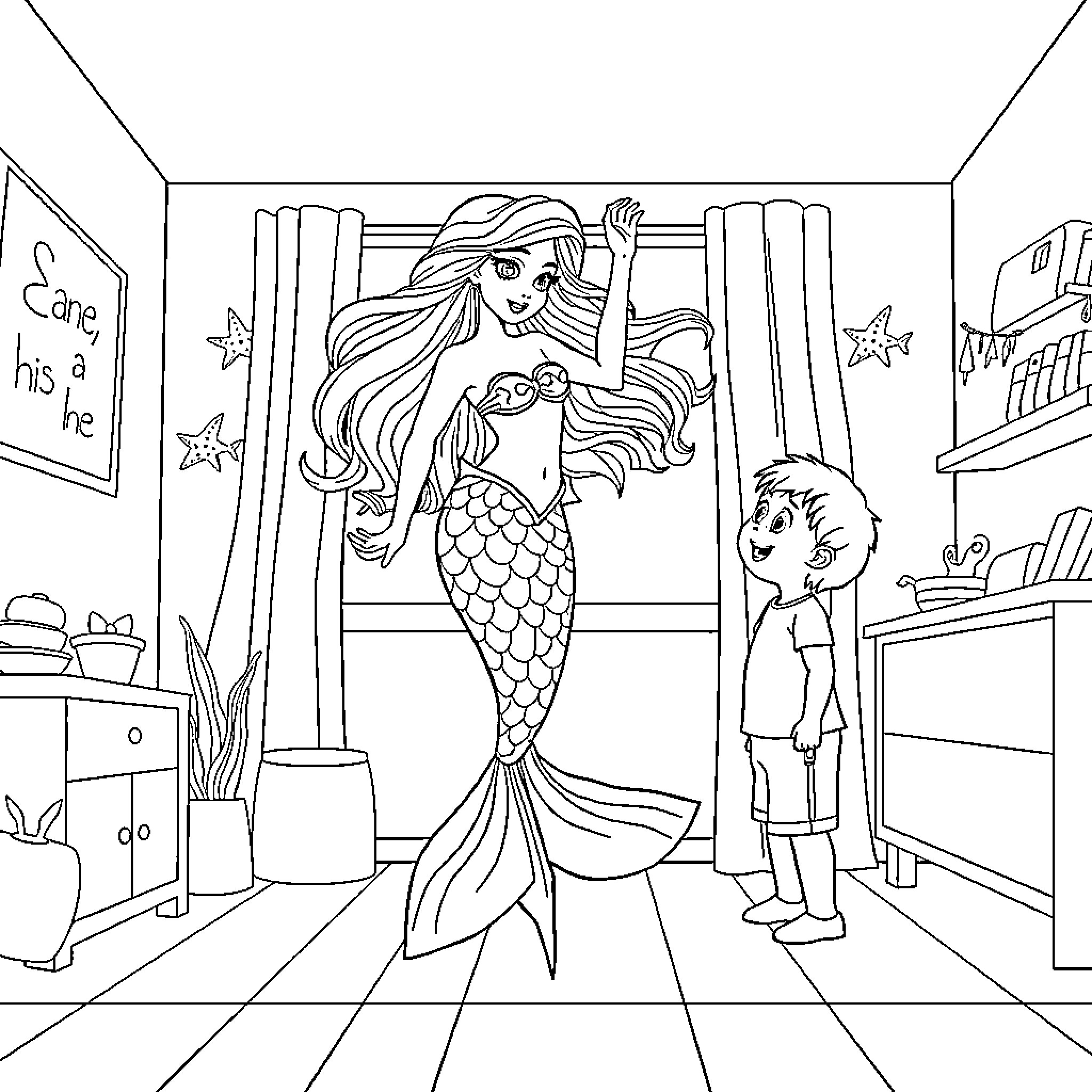 Mermaid interacting with a young boy in a room Coloring Page (free black-and-white line drawing printable PDF for all, from beginners to advanced learners, including children, teens, adults, and seniors)