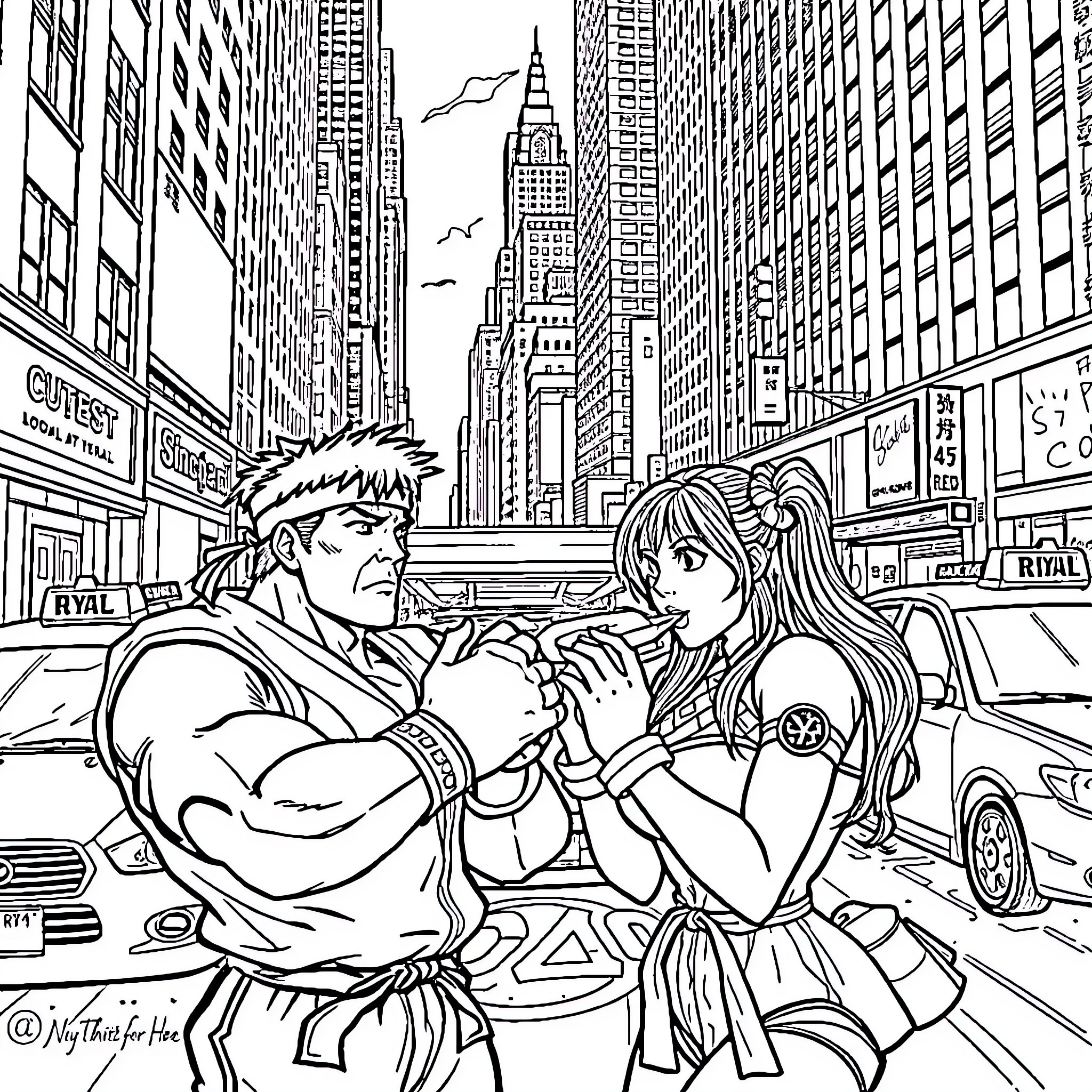 Street Fighter: Epic Showdown in the City Coloring Page (free black-and-white line drawing printable PDF for all, from beginners to advanced learners, including children, teens, adults, and seniors)