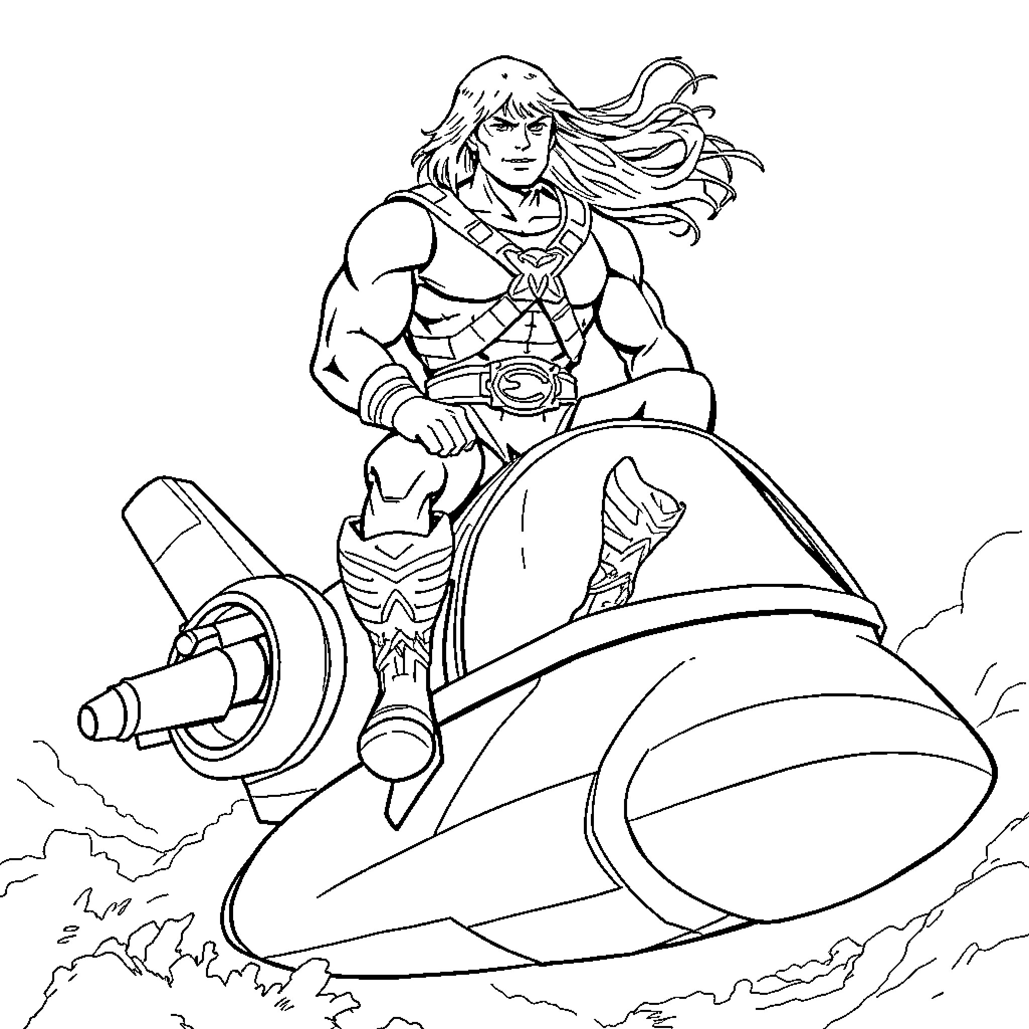 He-Man riding a powerful spacecraft into action Coloring Page (free black-and-white line drawing printable PDF for all, from beginners to advanced learners, including children, teens, adults, and seniors)