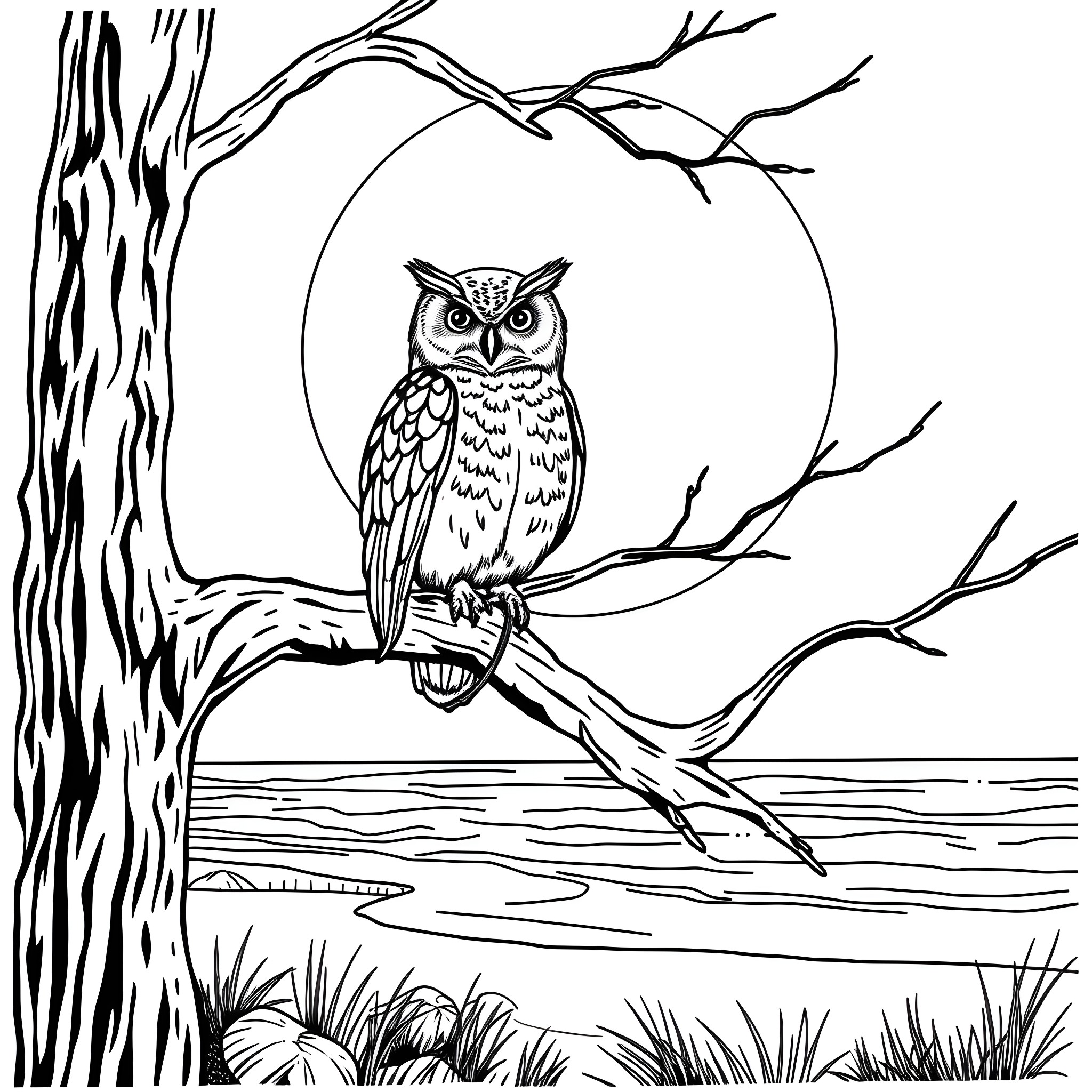 Owl perched on a tree branch at night Coloring Page (free black-and-white line drawing printable PDF for all, from beginners to advanced learners, including children, teens, adults, and seniors)