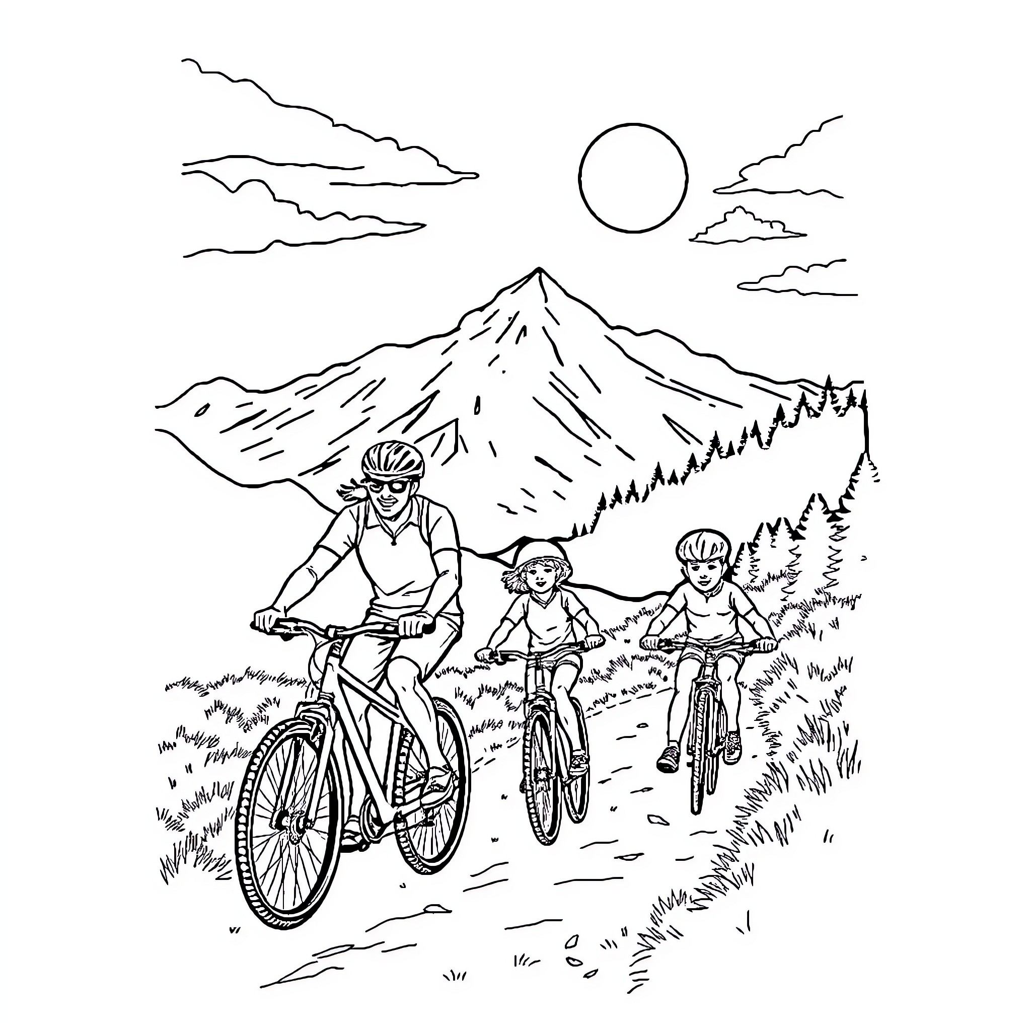 Mountain Biking Adventure through Scenic Landscapes Coloring Page (free black-and-white line drawing printable PDF for all, from beginners to advanced learners, including children, teens, adults, and seniors)
