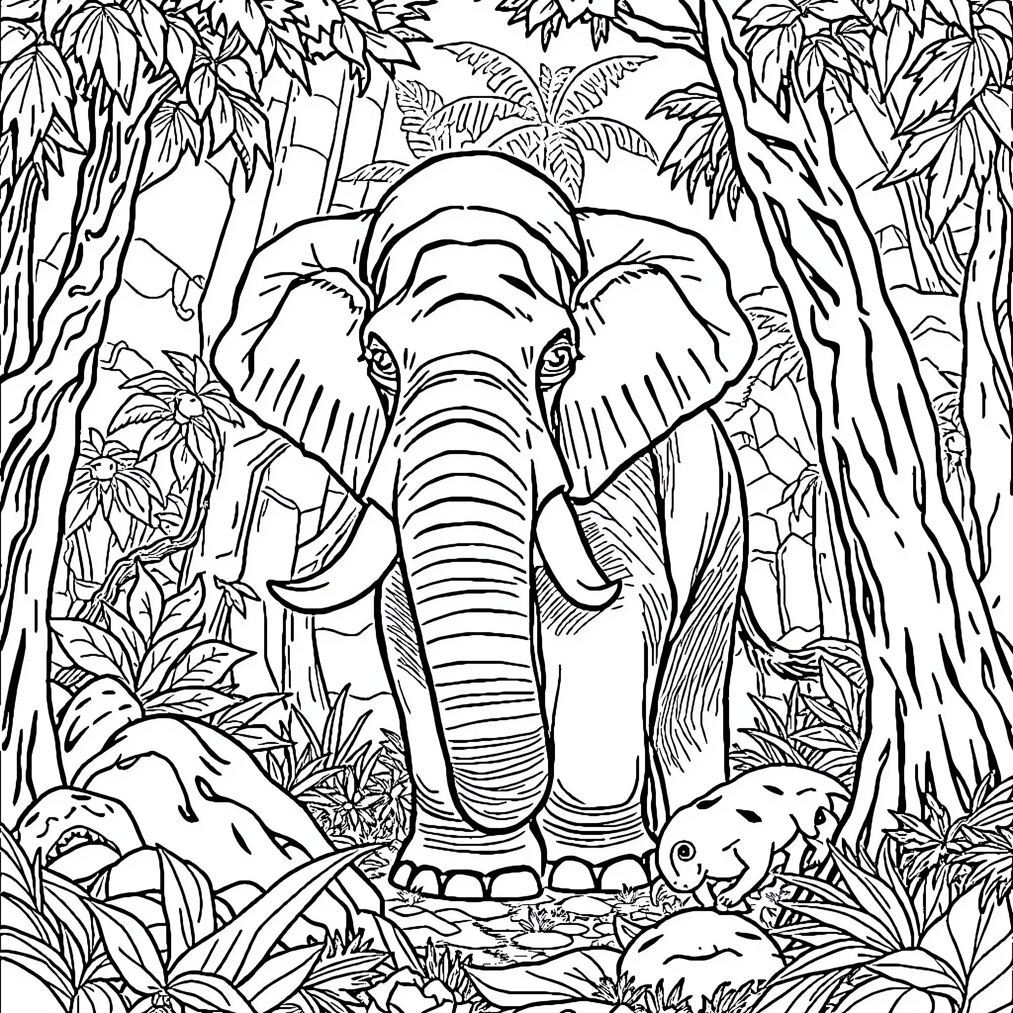 Gajah roaming through lush jungle landscape Coloring Page (free black-and-white line drawing printable PDF for all, from beginners to advanced learners, including children, teens, adults, and seniors)