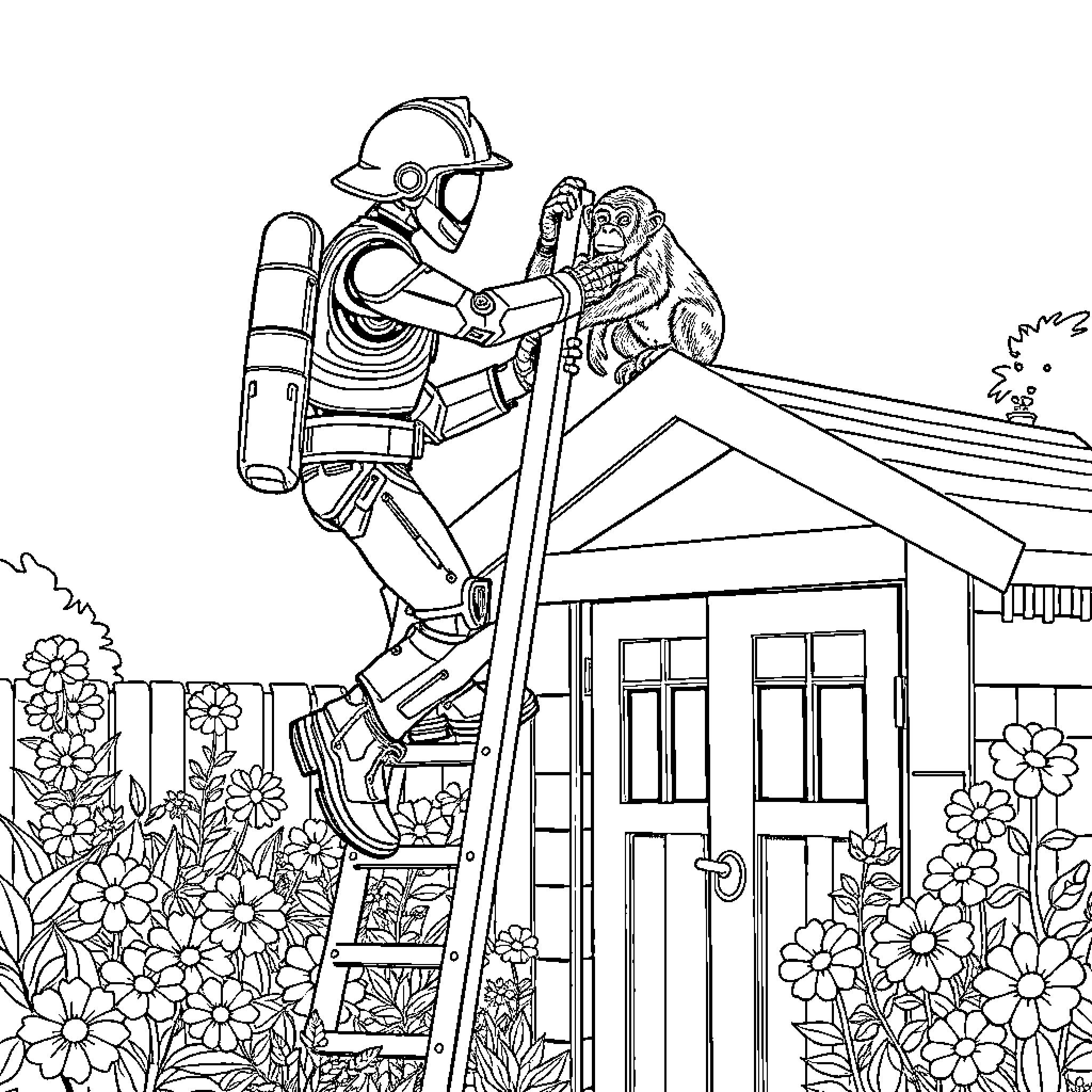 Robot repairing a house in a garden Coloring Page (free black-and-white line drawing printable PDF for all, from beginners to advanced learners, including children, teens, adults, and seniors)