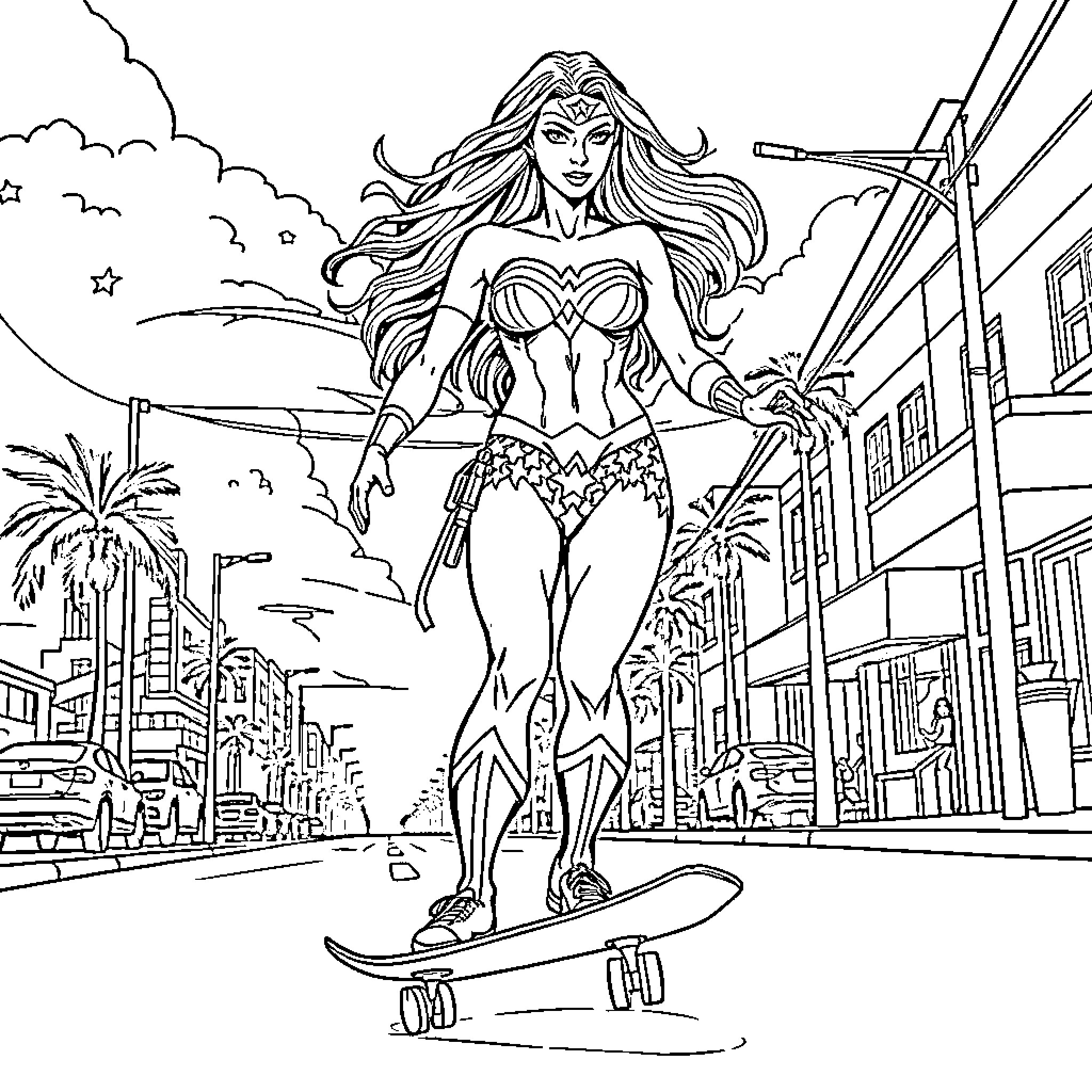 Wonder Woman Surfing Through a Vibrant City Coloring Page (free black-and-white line drawing printable PDF for all, from beginners to advanced learners, including children, teens, adults, and seniors)