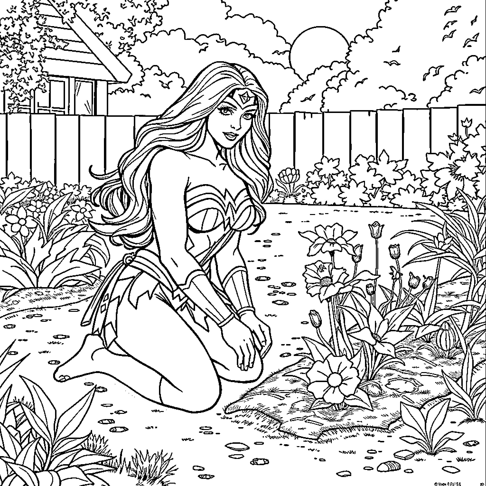 Wonder Woman in a serene garden surrounded by nature Coloring Page (free black-and-white line drawing printable PDF for all, from beginners to advanced learners, including children, teens, adults, and seniors)