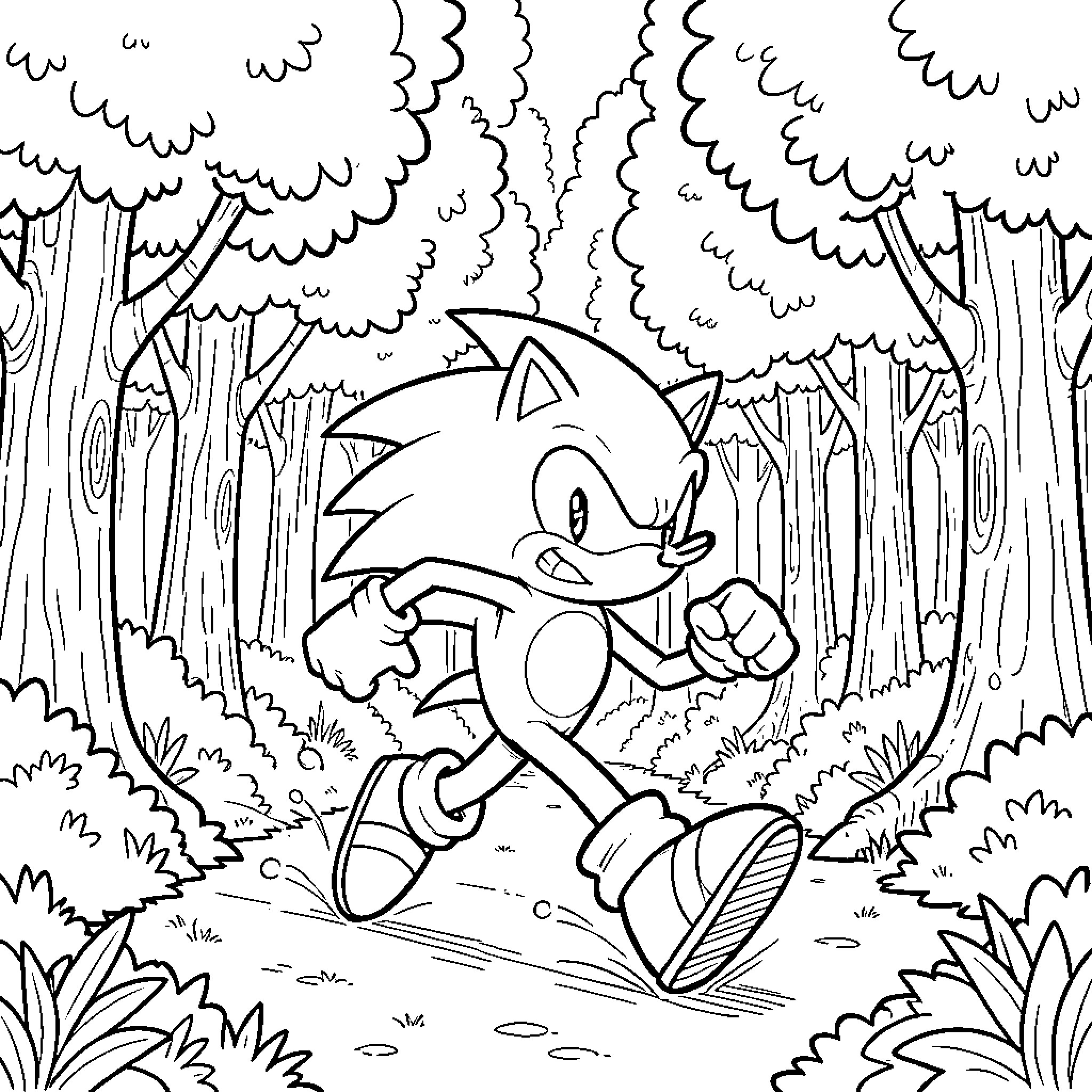 Sonic's Adventure in the Enchanted Forest Coloring Page (free black-and-white line drawing printable PDF for all, from beginners to advanced learners, including children, teens, adults, and seniors)