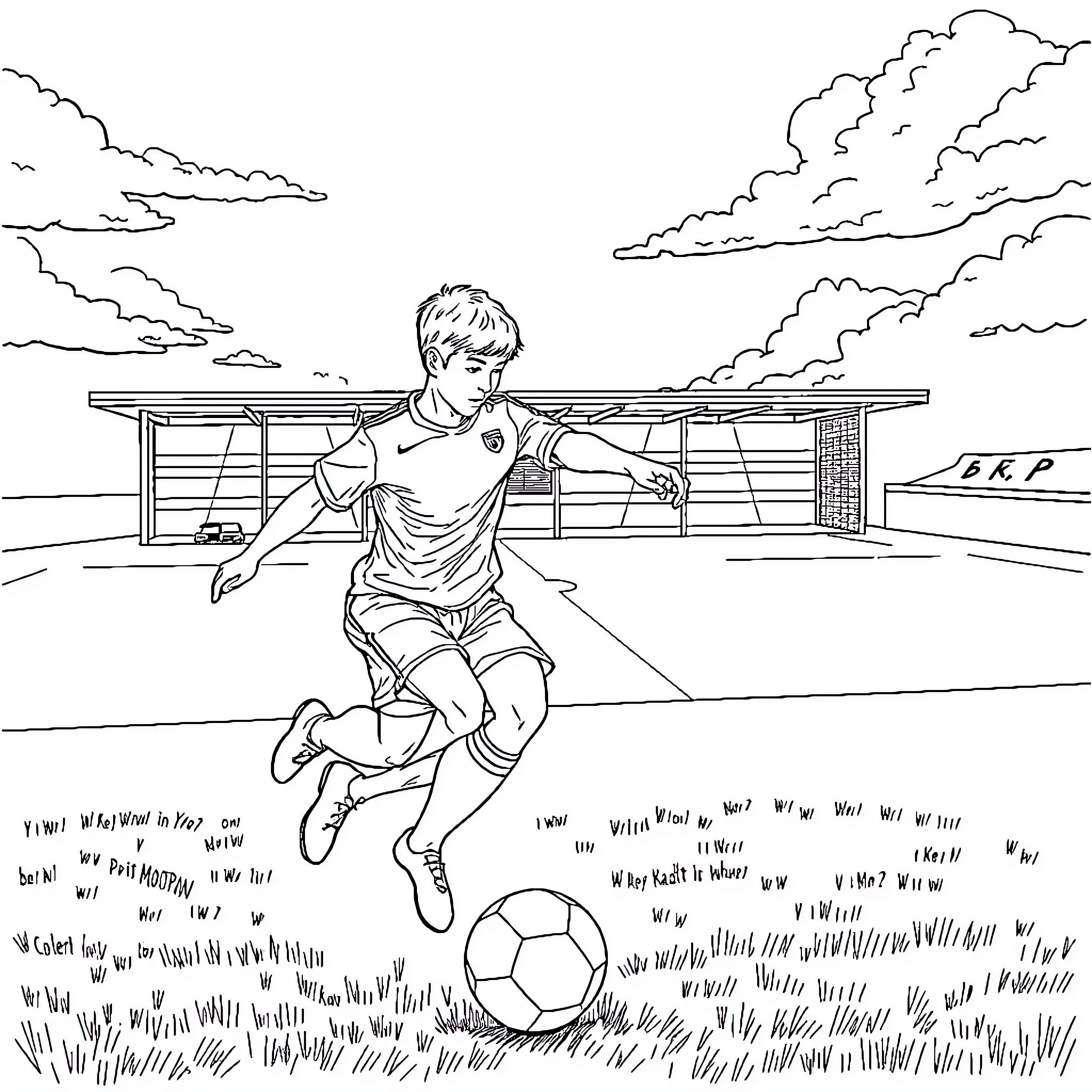 Bluelock: Young Footballer Dribbling on the Field Coloring Page (free black-and-white line drawing printable PDF for all, from beginners to advanced learners, including children, teens, adults, and seniors)