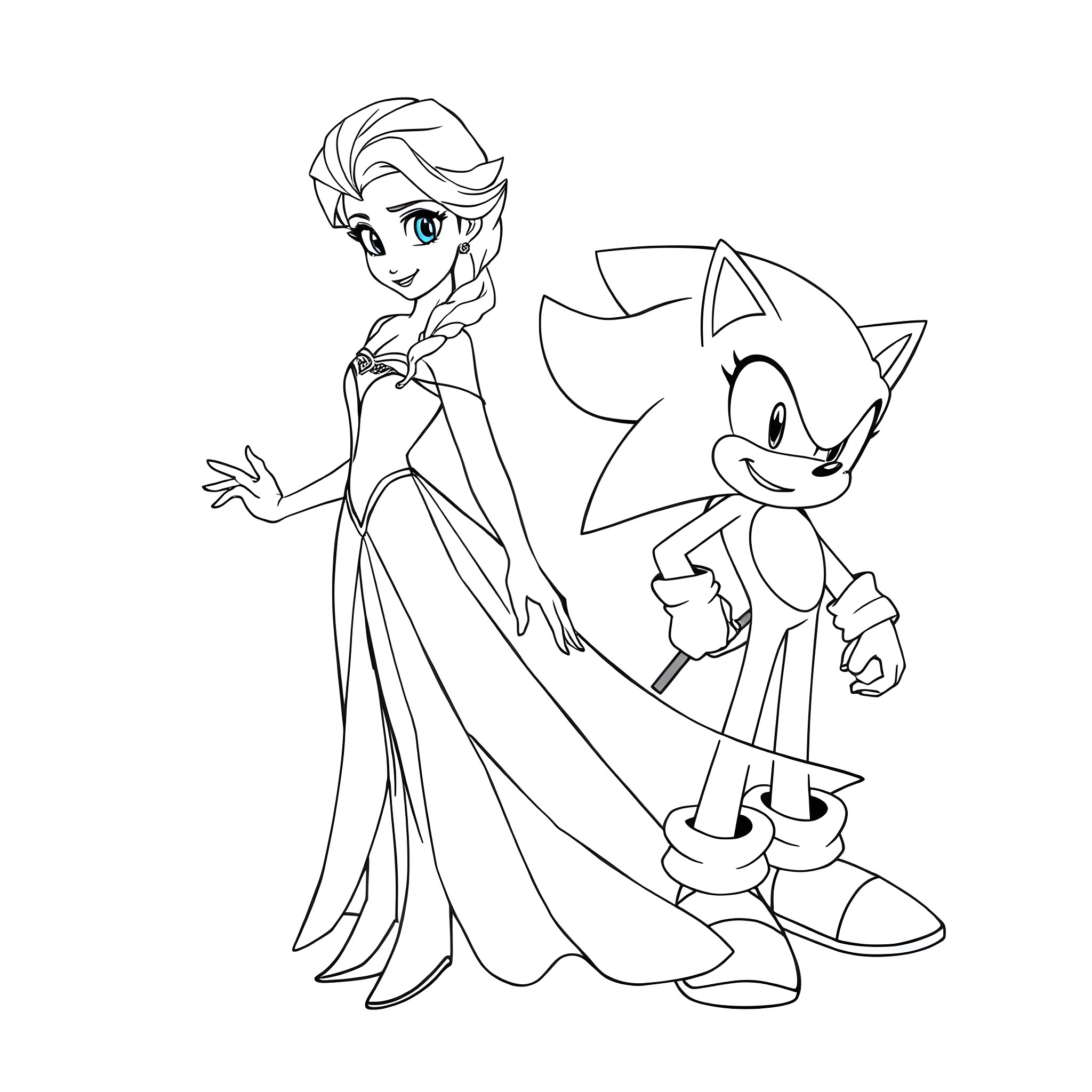 Elsa and Sonic the Hedgehog in an Animated Adventure Coloring Page (free black-and-white line drawing printable PDF for all, from beginners to advanced learners, including children, teens, adults, and seniors)