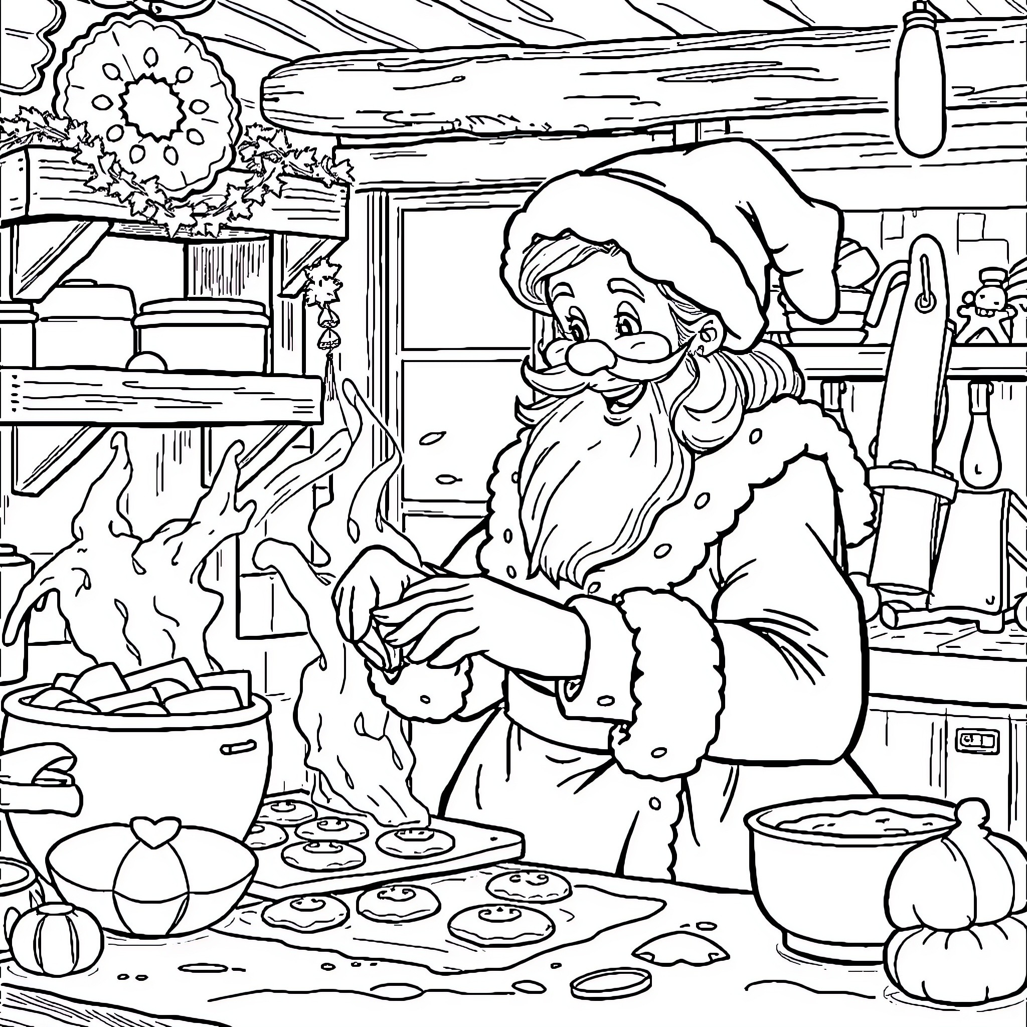 Mrs. Claus baking festive treats in the kitchen Coloring Page (free black-and-white line drawing printable PDF for all, from beginners to advanced learners, including children, teens, adults, and seniors)