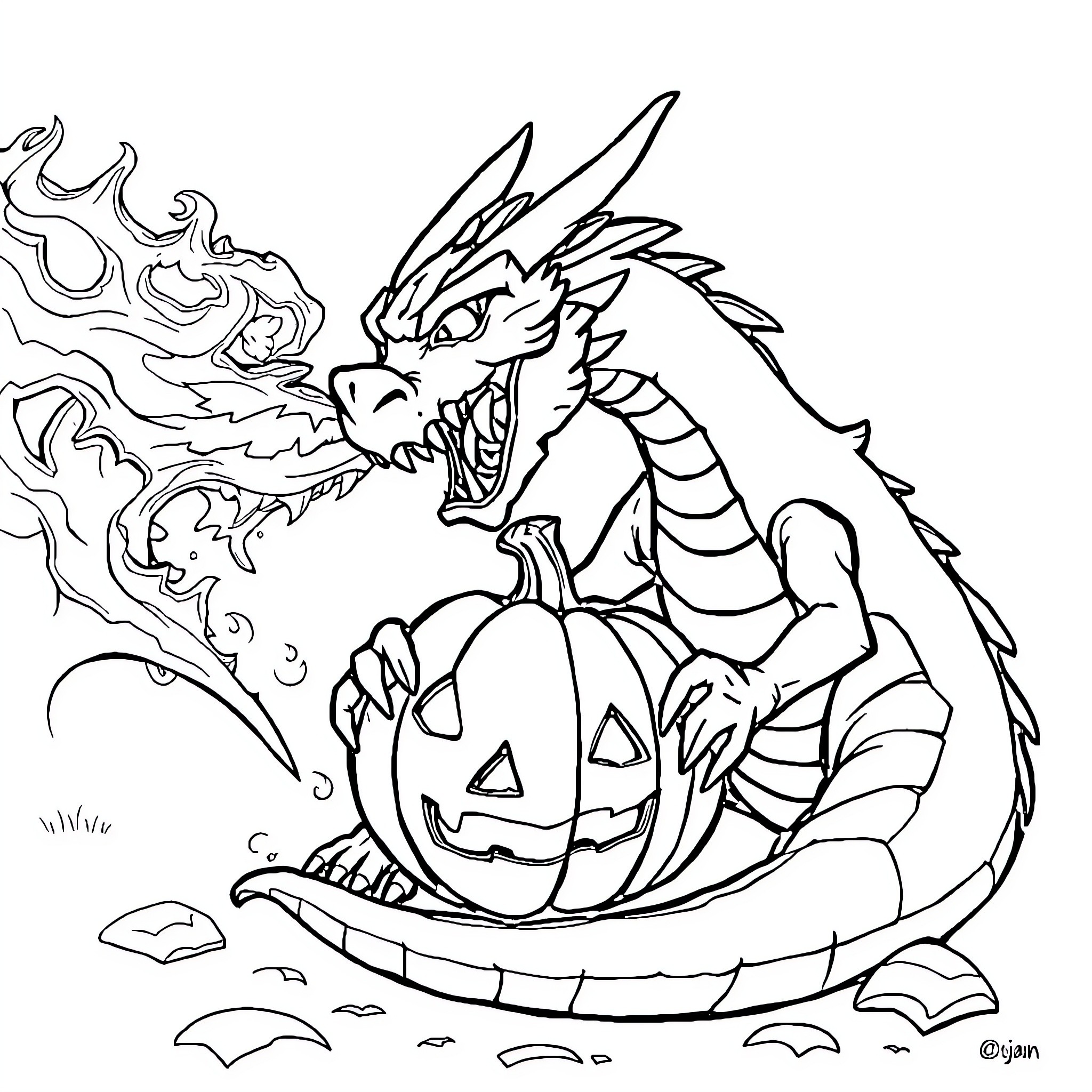Dragon Guarding Pumpkin in Spooky Scene Coloring Page (free black-and-white line drawing printable PDF for all, from beginners to advanced learners, including children, teens, adults, and seniors)