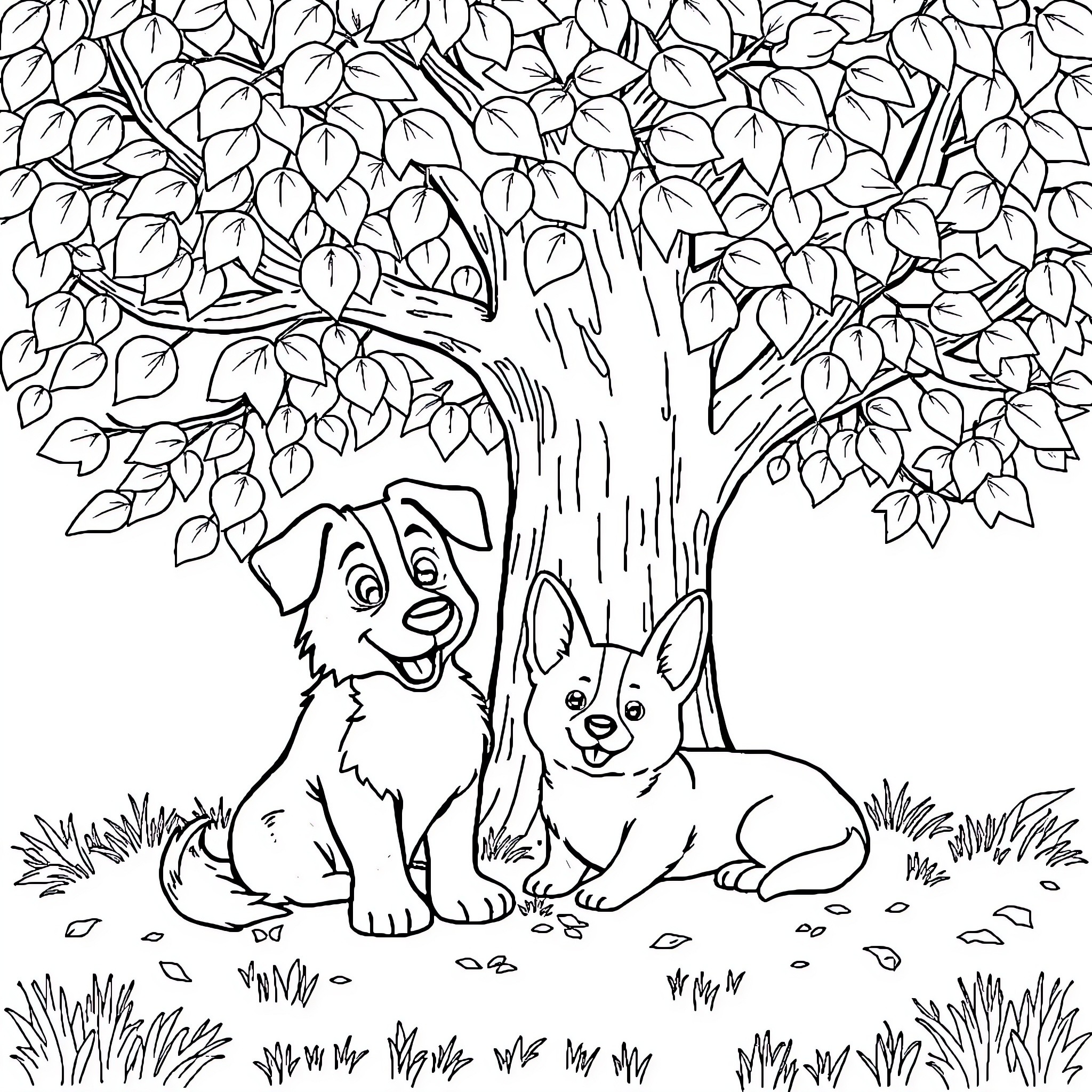 Patou's Pups Explore the Leafy Landscape Coloring Page (free black-and-white line drawing printable PDF for all, from beginners to advanced learners, including children, teens, adults, and seniors)