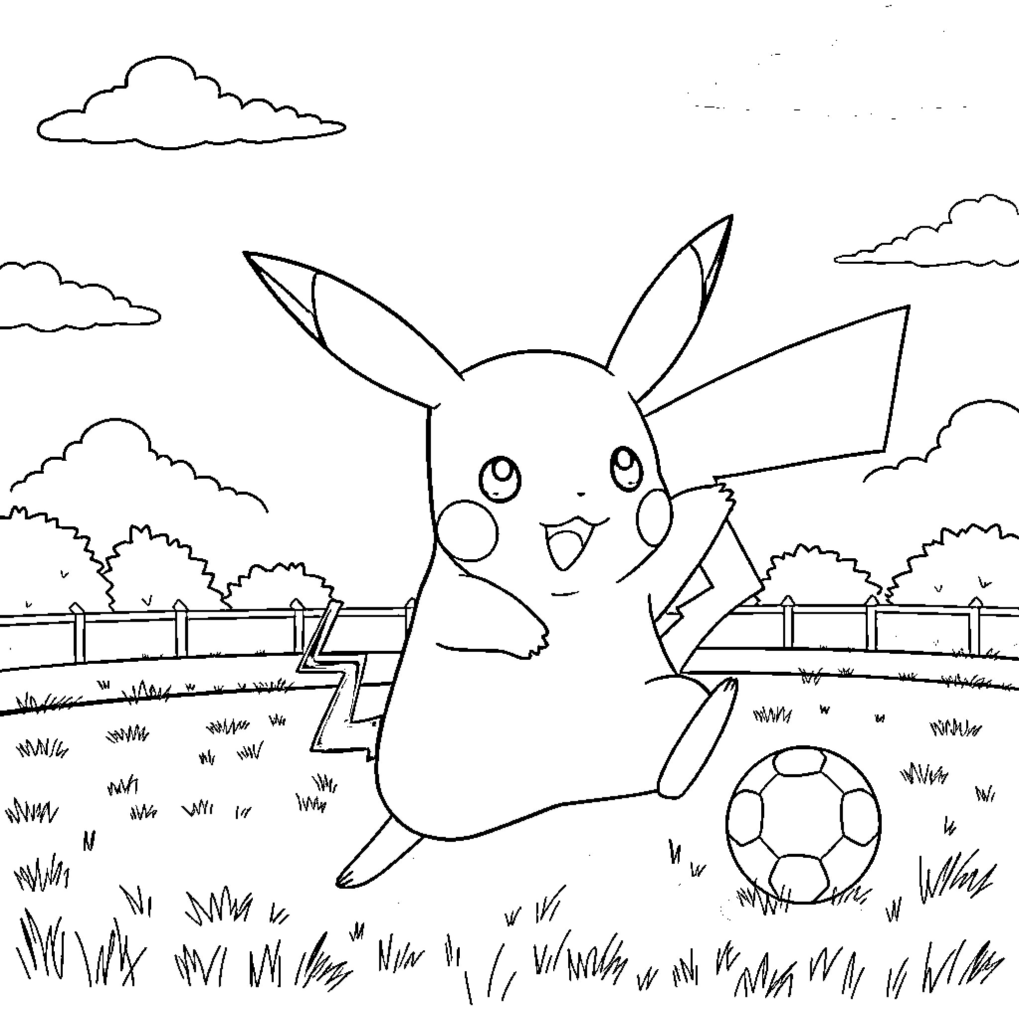 Pikachu playing with a soccer ball in the park Coloring Page (free black-and-white line drawing printable PDF for all, from beginners to advanced learners, including children, teens, adults, and seniors)