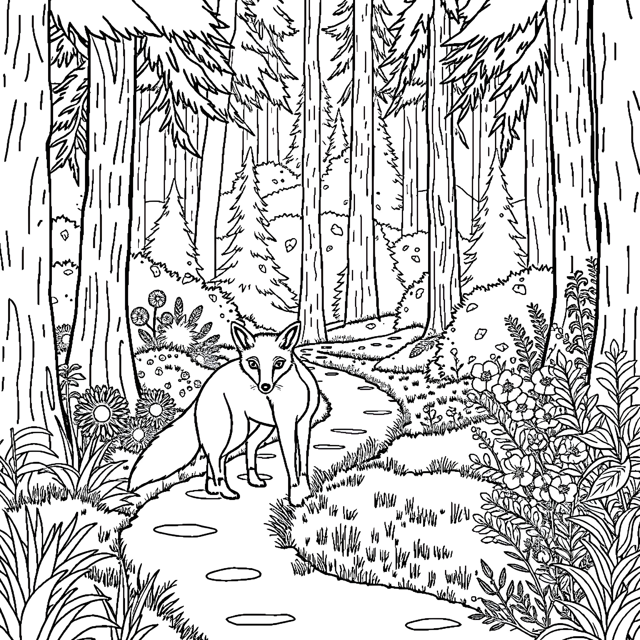 Fox exploring the enchanting forest trail Coloring Page (free black-and-white line drawing printable PDF for all, from beginners to advanced learners, including children, teens, adults, and seniors)