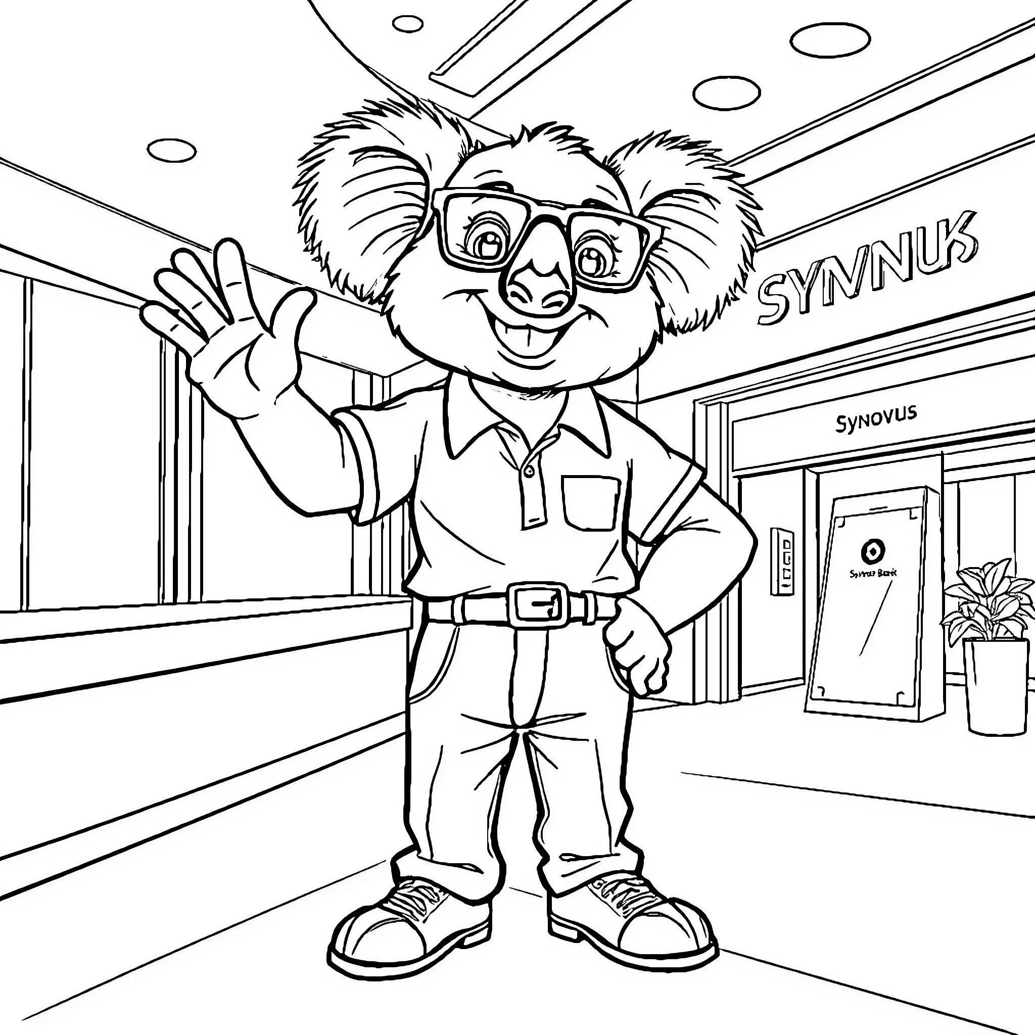 Koala employee waving and smiling at the office Coloring Page (free black-and-white line drawing printable PDF for all, from beginners to advanced learners, including children, teens, adults, and seniors)