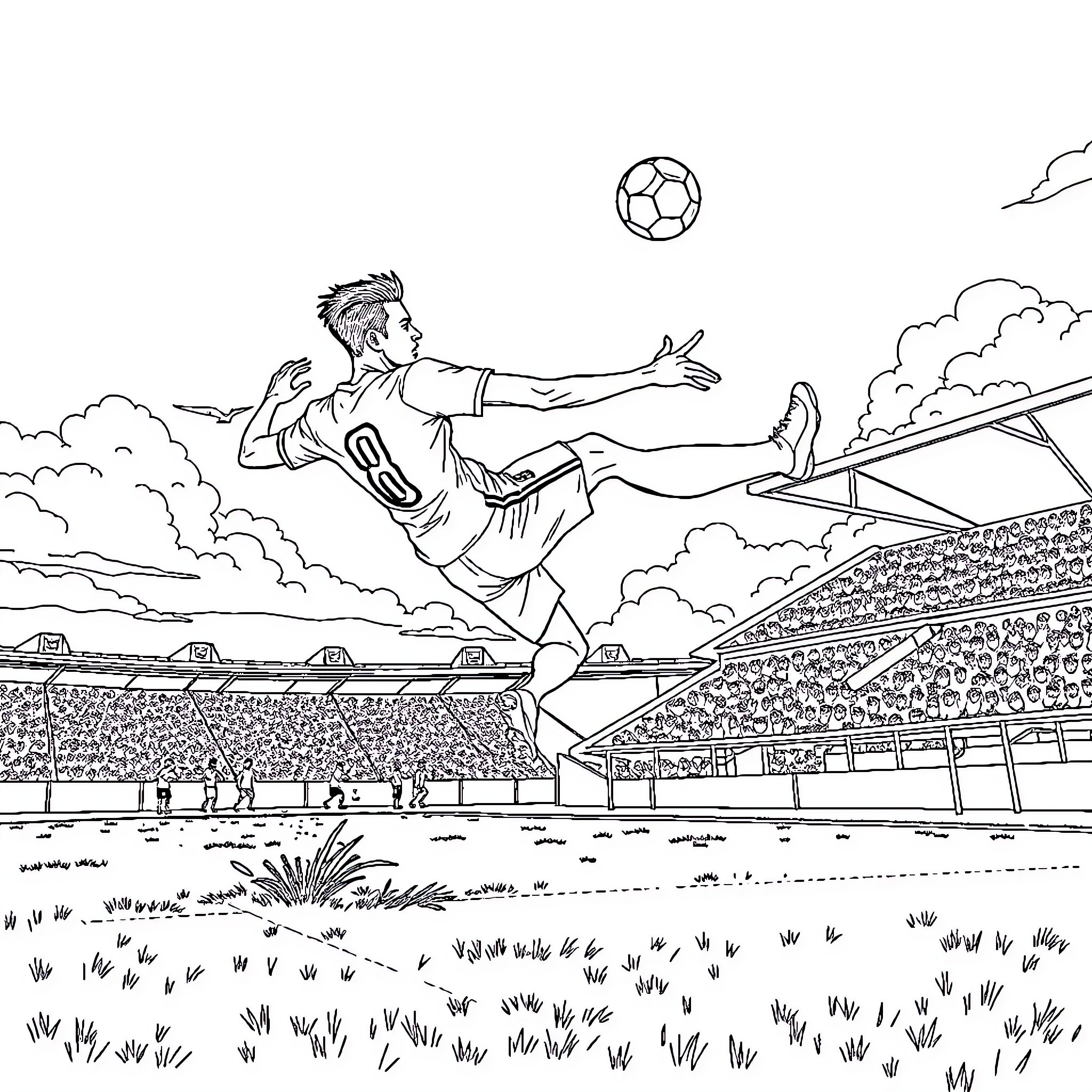 Neymar's Soccer Acrobatics in the Stadium Coloring Page (free black-and-white line drawing printable PDF for all, from beginners to advanced learners, including children, teens, adults, and seniors)