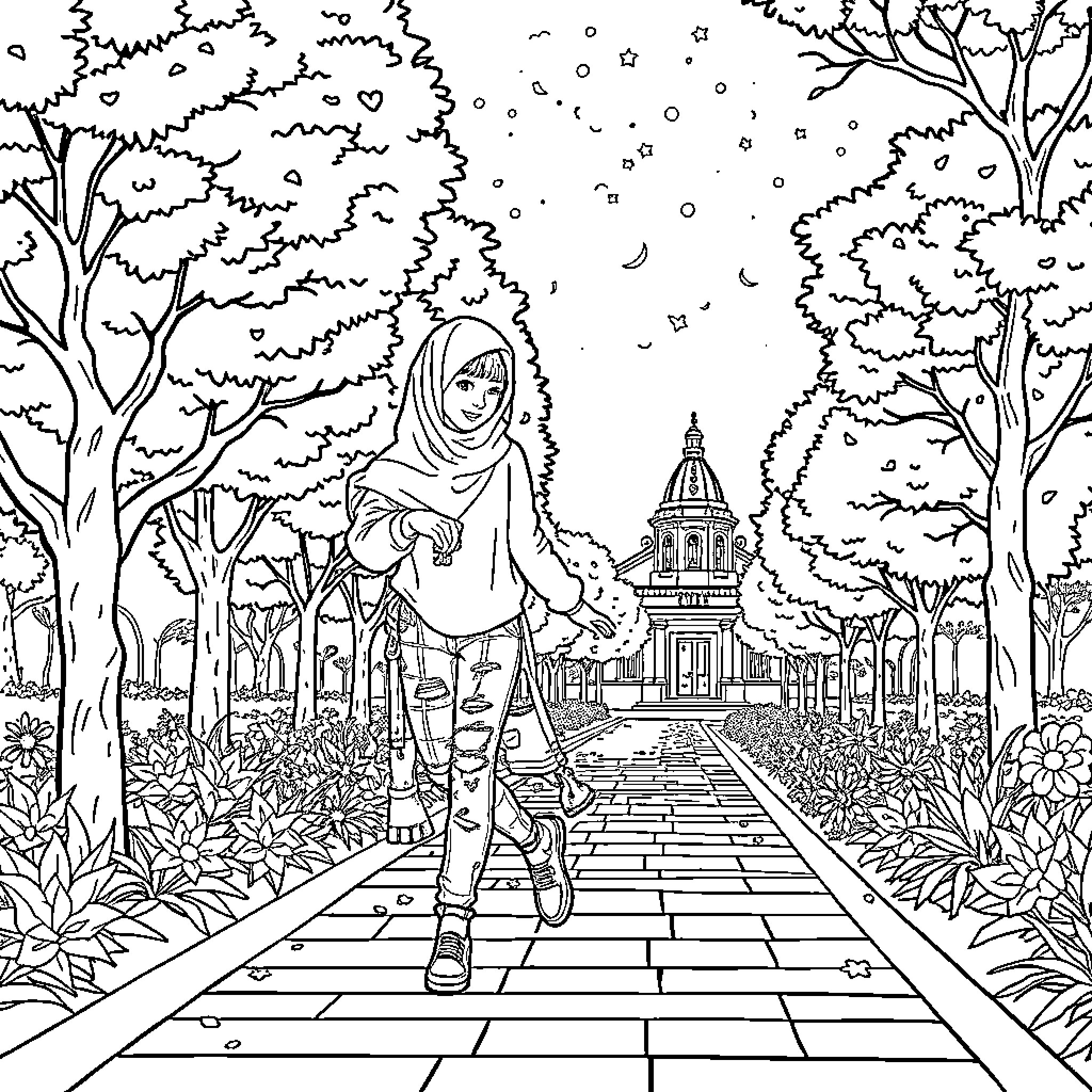 Rumi's journey through the enchanting garden Coloring Page (free black-and-white line drawing printable PDF for all, from beginners to advanced learners, including children, teens, adults, and seniors)