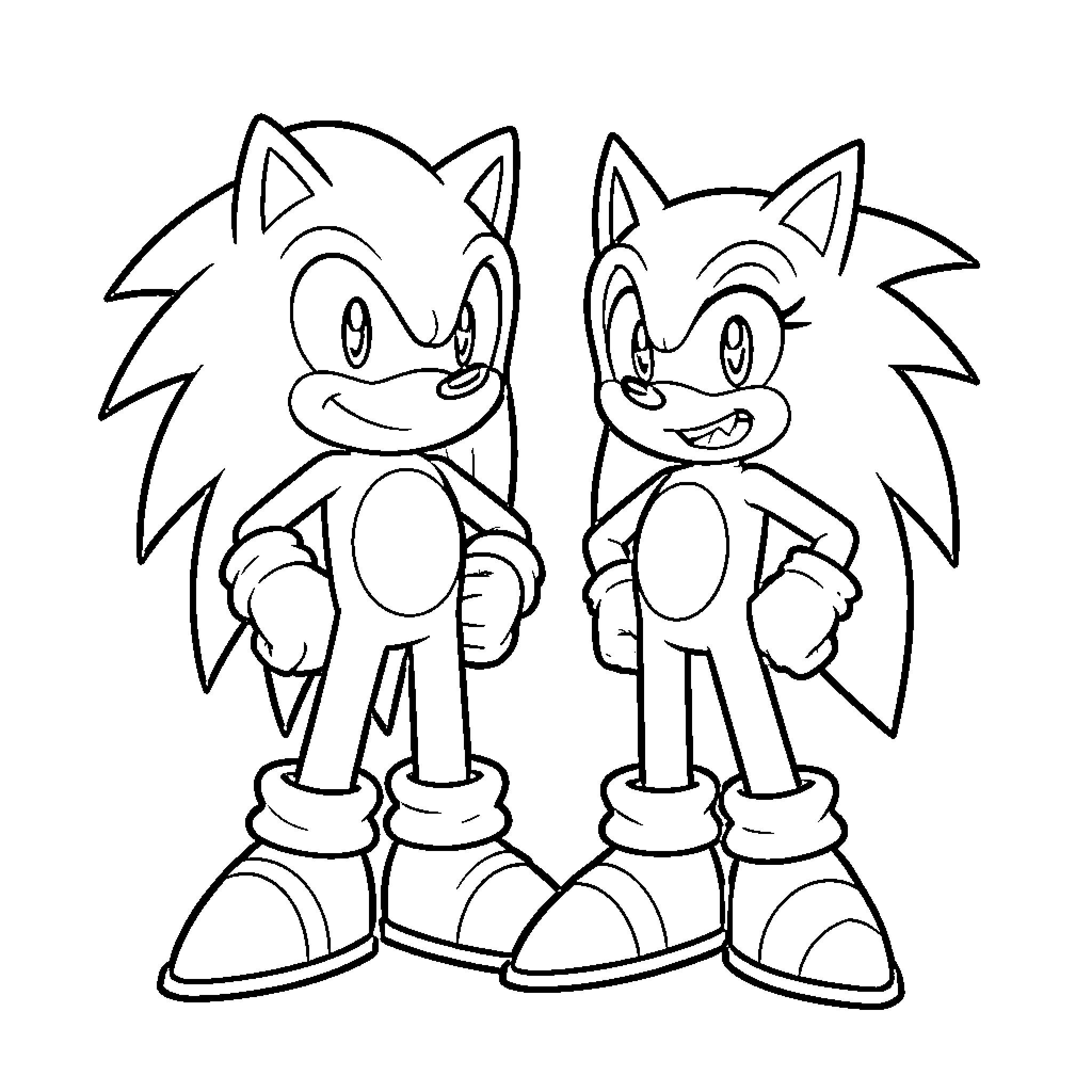 Sonic and friend standing together with friendly smiles Coloring Page (free black-and-white line drawing printable PDF for all, from beginners to advanced learners, including children, teens, adults, and seniors)