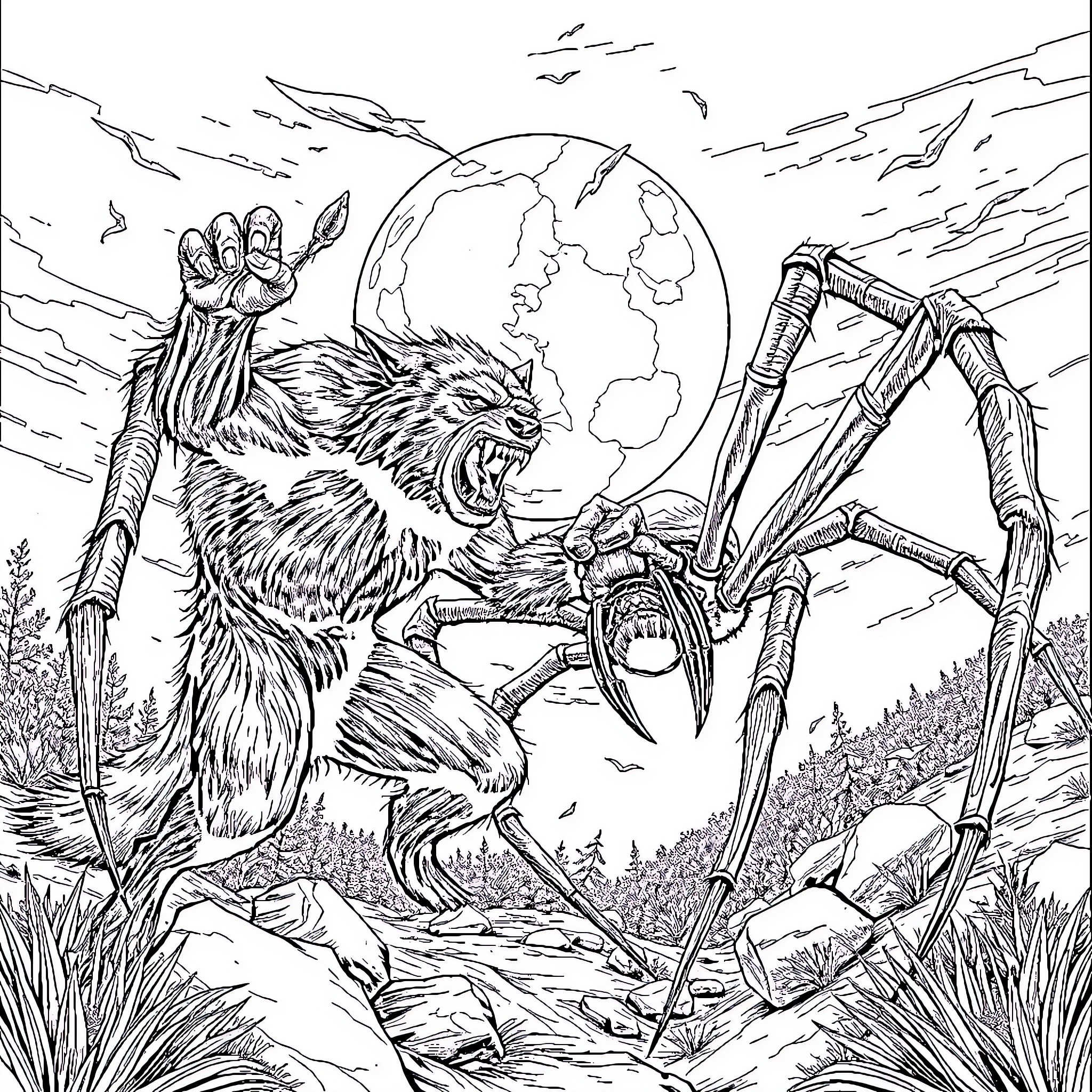 Werewolf Battling Massive Spider in Apocalyptic Landscape Coloring Page (free black-and-white line drawing printable PDF for all, from beginners to advanced learners, including children, teens, adults, and seniors)