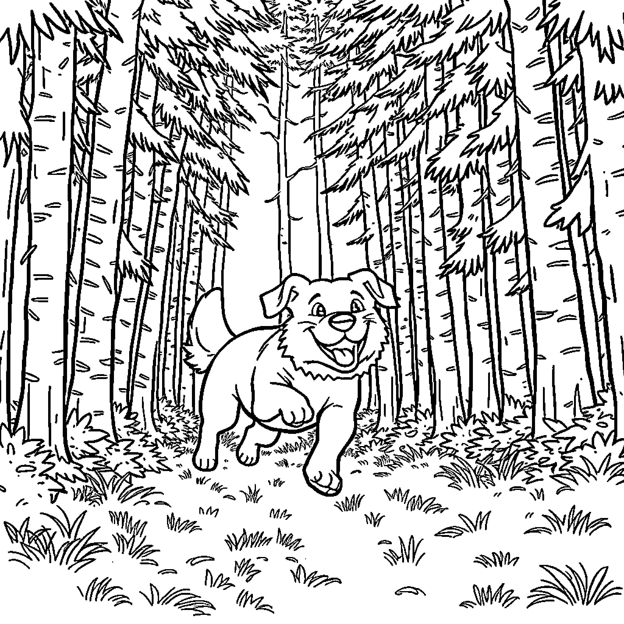 Dog running joyfully through the forest Coloring Page (free black-and-white line drawing printable PDF for all, from beginners to advanced learners, including children, teens, adults, and seniors)