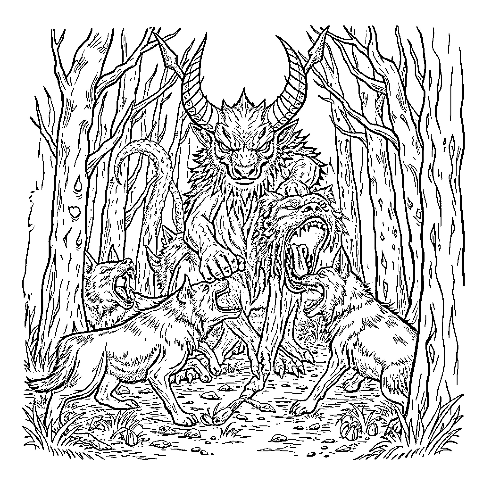 Tyanak - Mythical Creature Commanding Wolves in the Forest Coloring Page (free black-and-white line drawing printable PDF for all, from beginners to advanced learners, including children, teens, adults, and seniors)