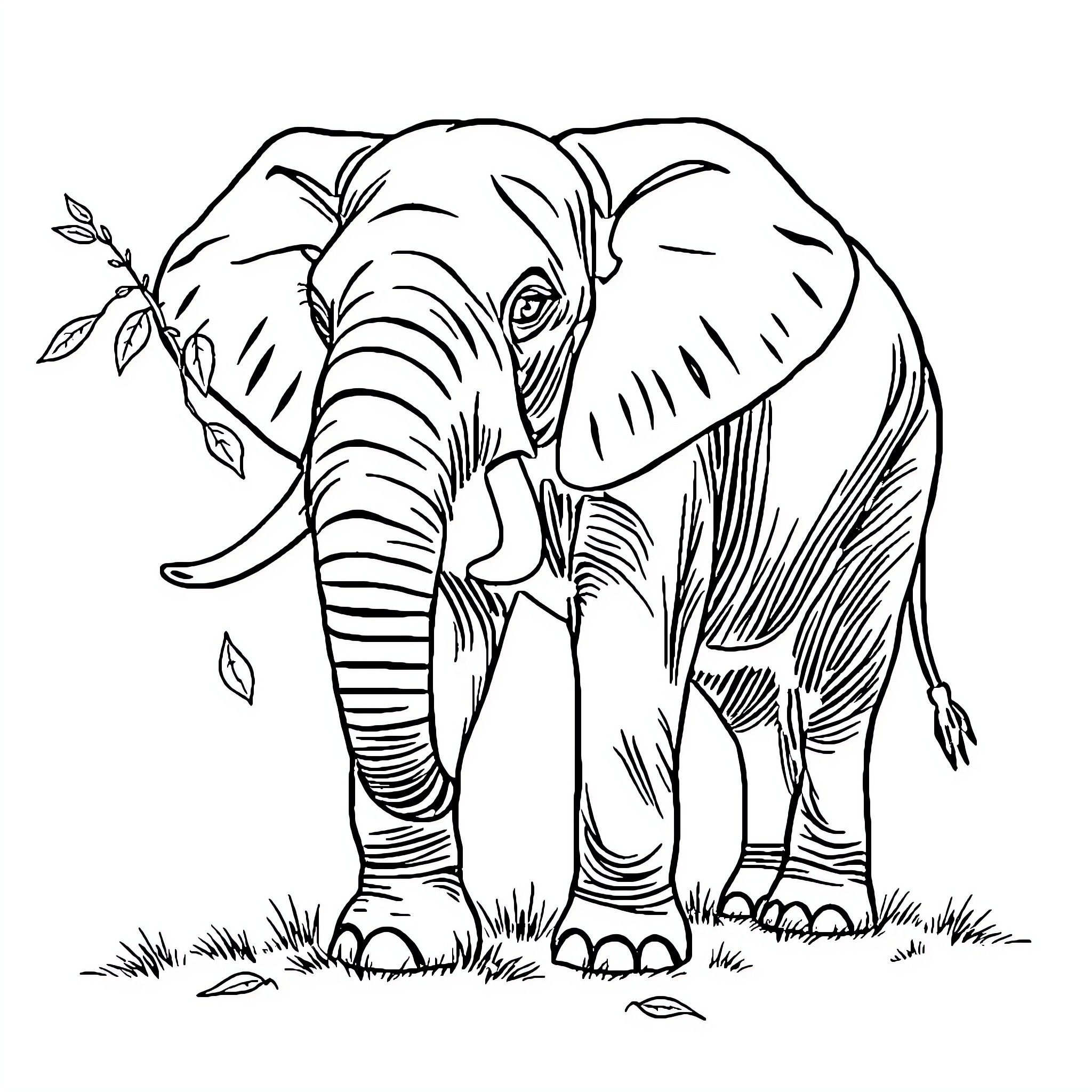 Elephant standing amidst nature Coloring Page (free black-and-white line drawing printable PDF for all, from beginners to advanced learners, including children, teens, adults, and seniors)