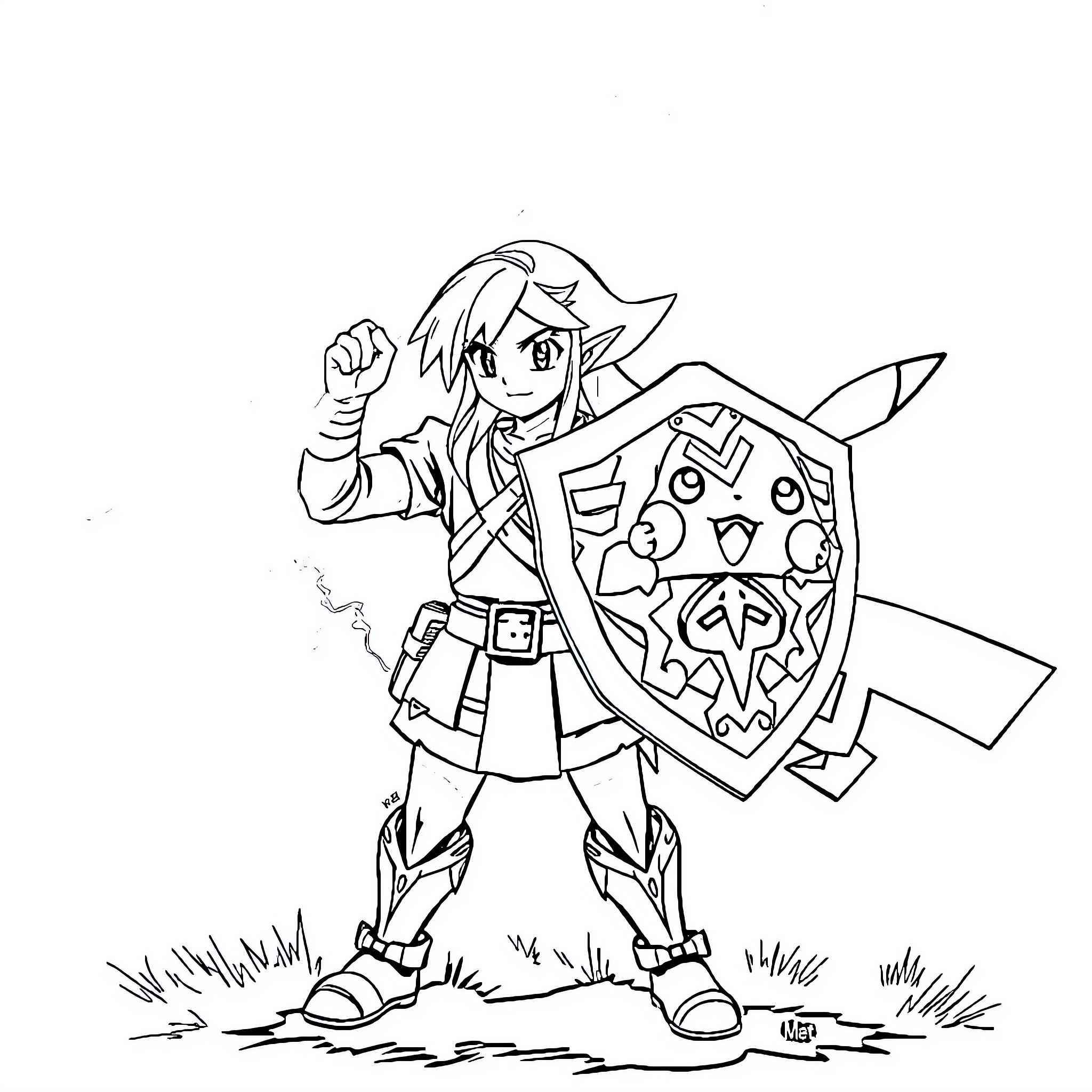 Link Adventuring with Shield and Sword Coloring Page (free black-and-white line drawing printable PDF for all, from beginners to advanced learners, including children, teens, adults, and seniors)