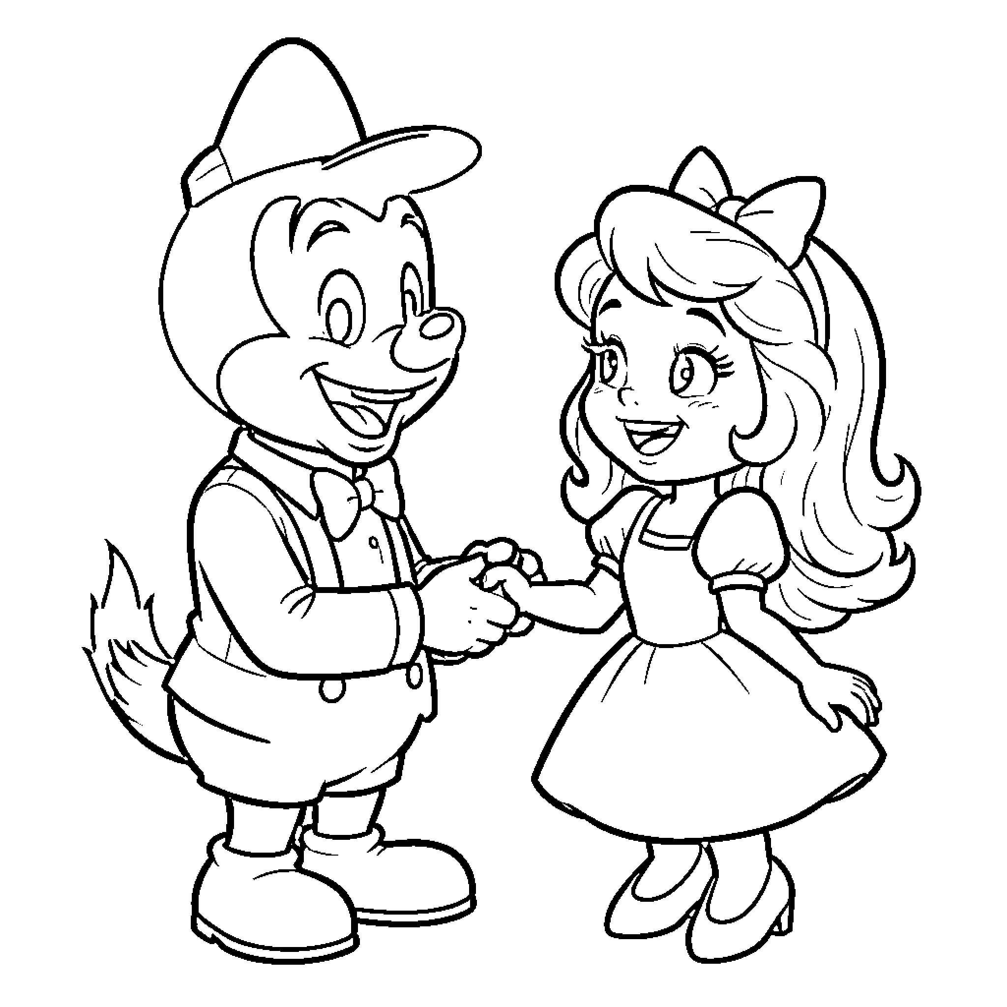 Donald and Daisy enjoying a happy dance Coloring Page (free black-and-white line drawing printable PDF for all, from beginners to advanced learners, including children, teens, adults, and seniors)