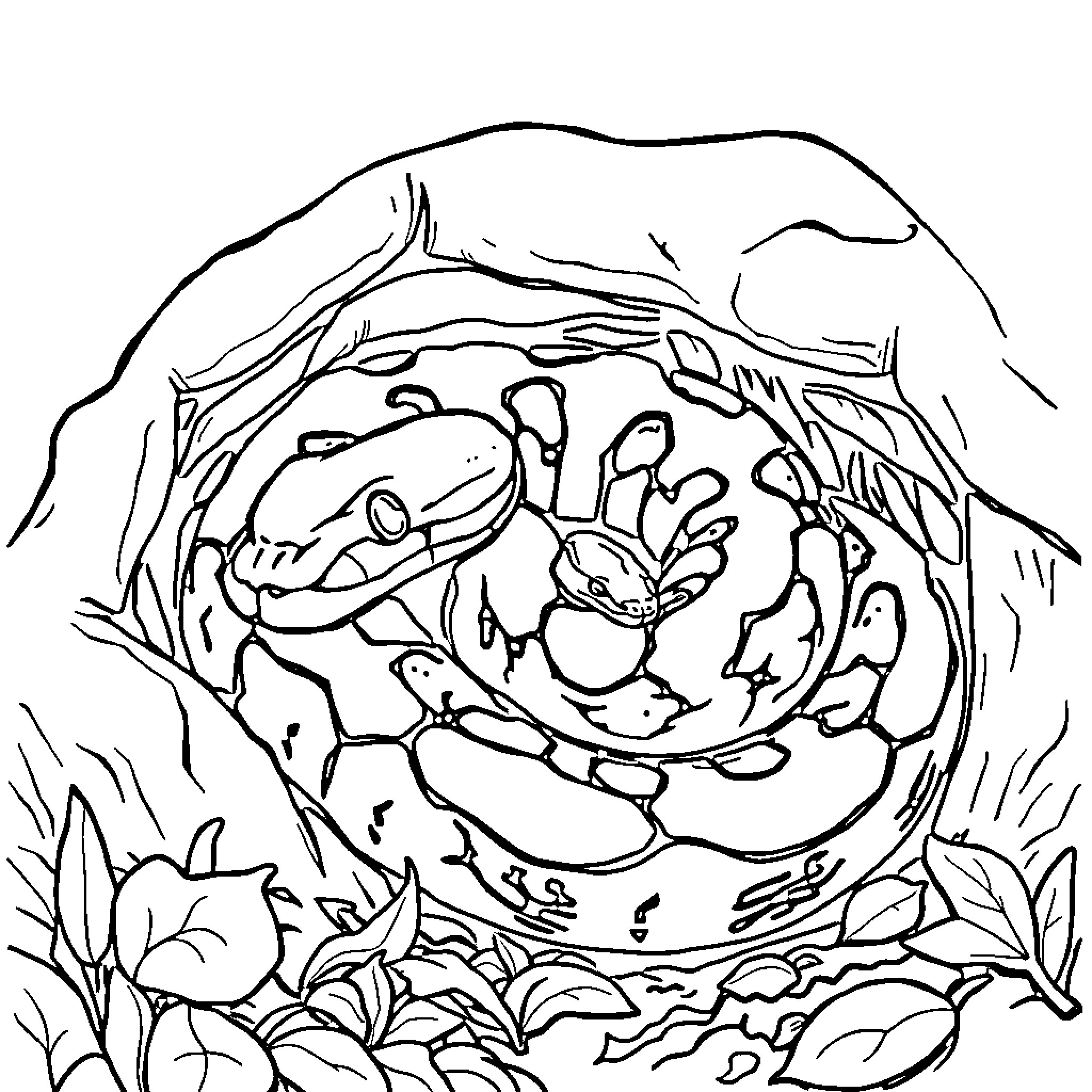 Ball Python coiled in a natural habitat Coloring Page (free black-and-white line drawing printable PDF for all, from beginners to advanced learners, including children, teens, adults, and seniors)