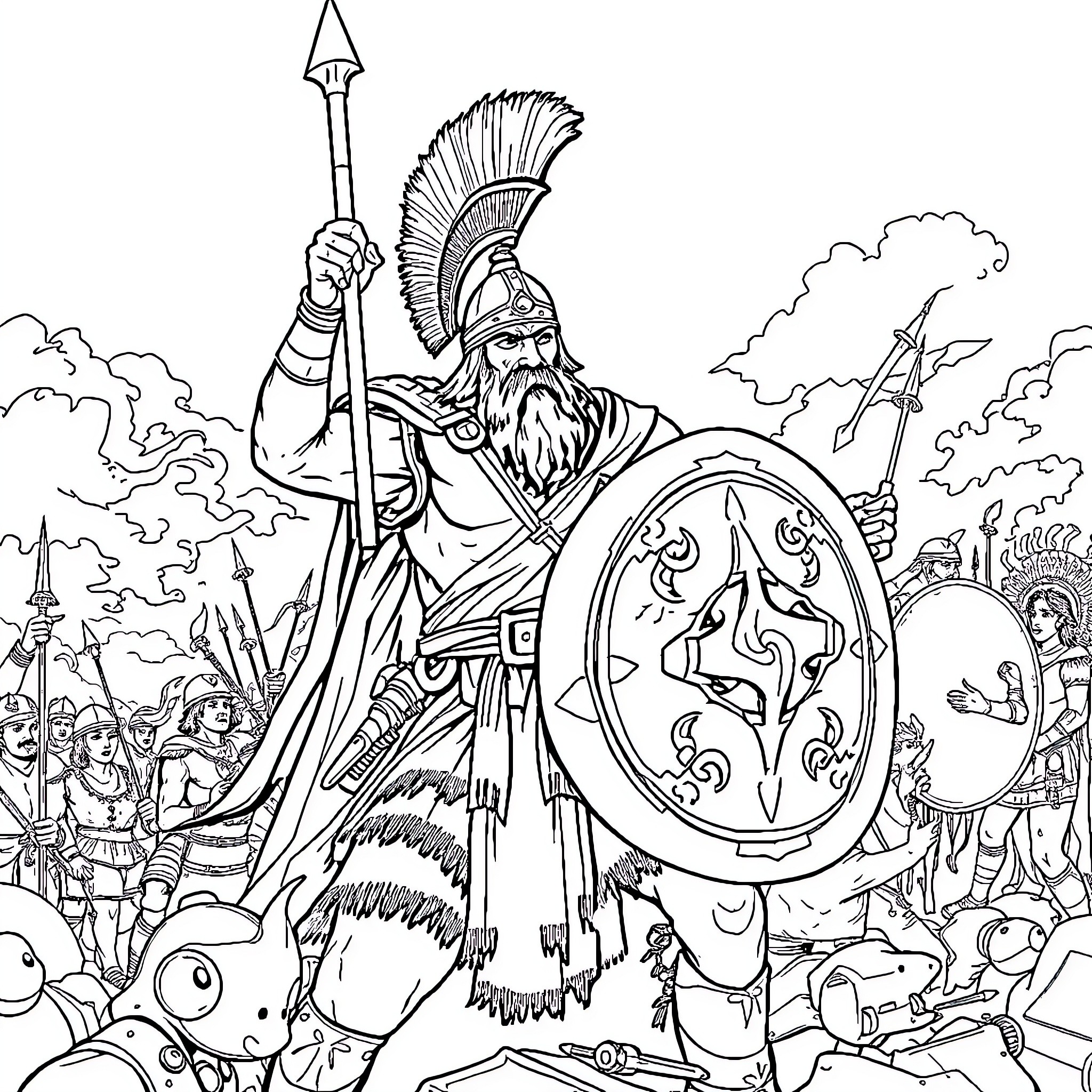 Barbarian leader commanding his army in battle Coloring Page (free black-and-white line drawing printable PDF for all, from beginners to advanced learners, including children, teens, adults, and seniors)