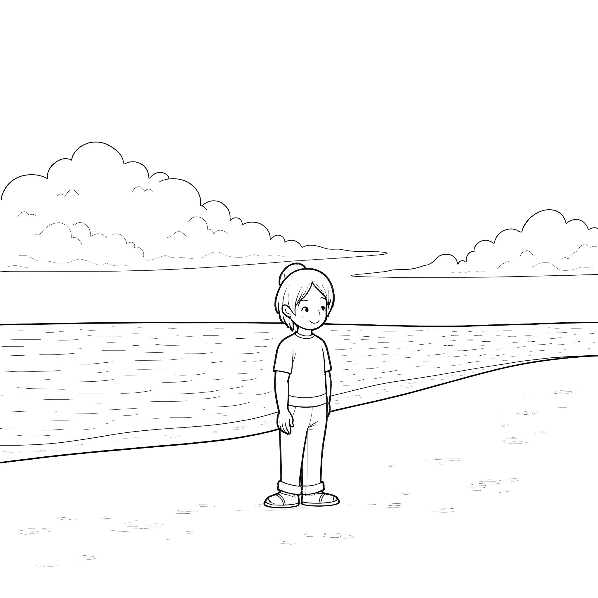Rangoku's lonely walk by the sea Coloring Page (free black-and-white line drawing printable PDF for all, from beginners to advanced learners, including children, teens, adults, and seniors)