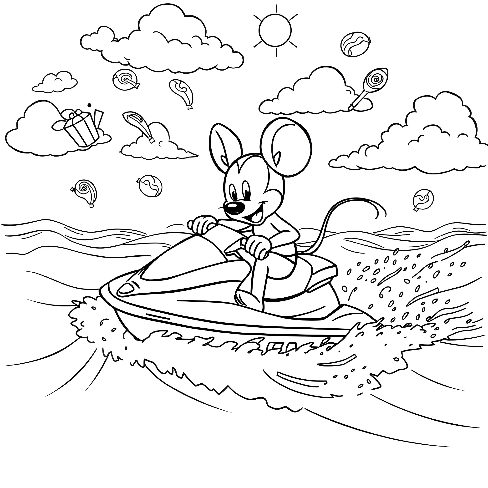 Mini Mouse enjoying a fun day at the beach Coloring Page (free black-and-white line drawing printable PDF for all, from beginners to advanced learners, including children, teens, adults, and seniors)
