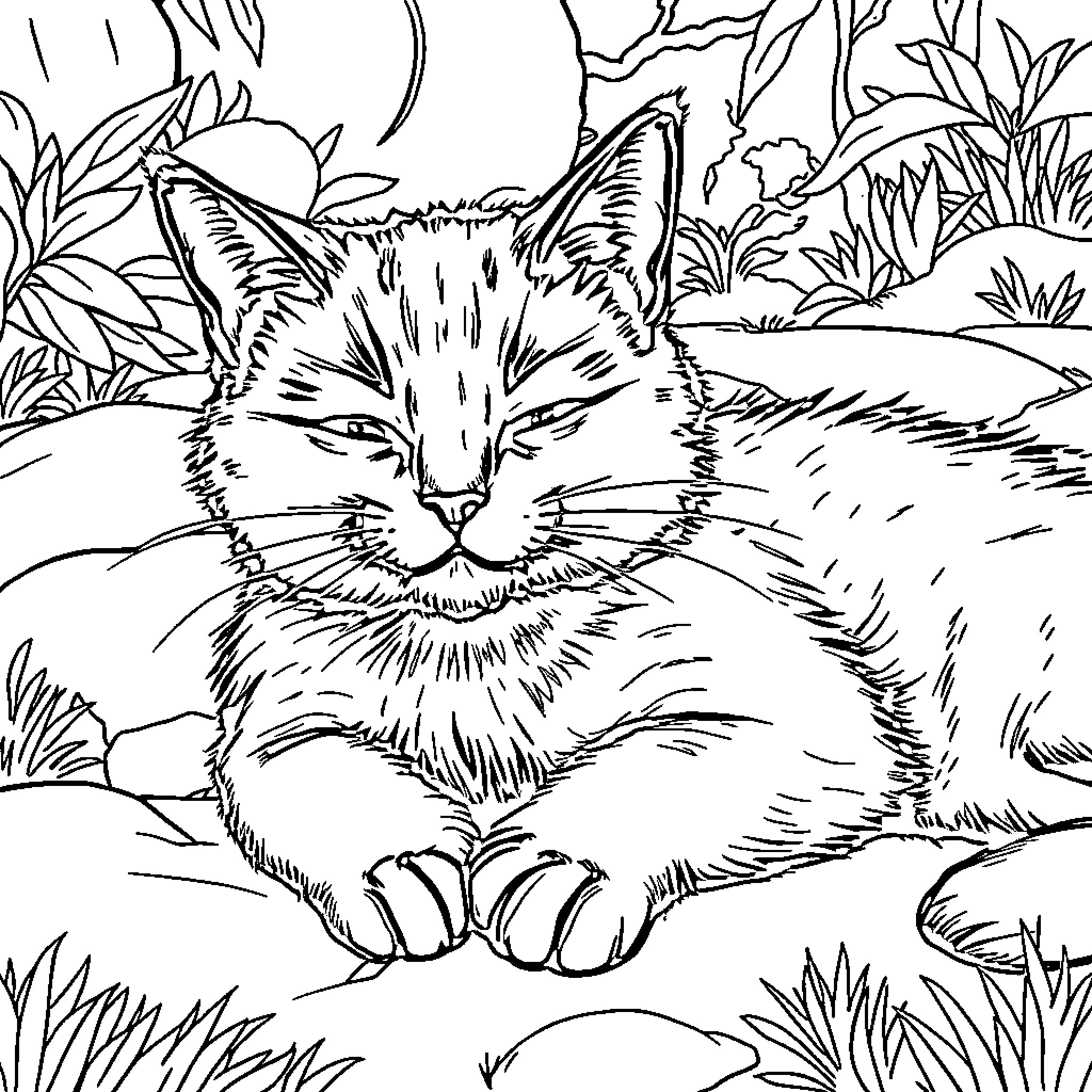 Cat resting peacefully in the wilderness Coloring Page (free black-and-white line drawing printable PDF for all, from beginners to advanced learners, including children, teens, adults, and seniors)