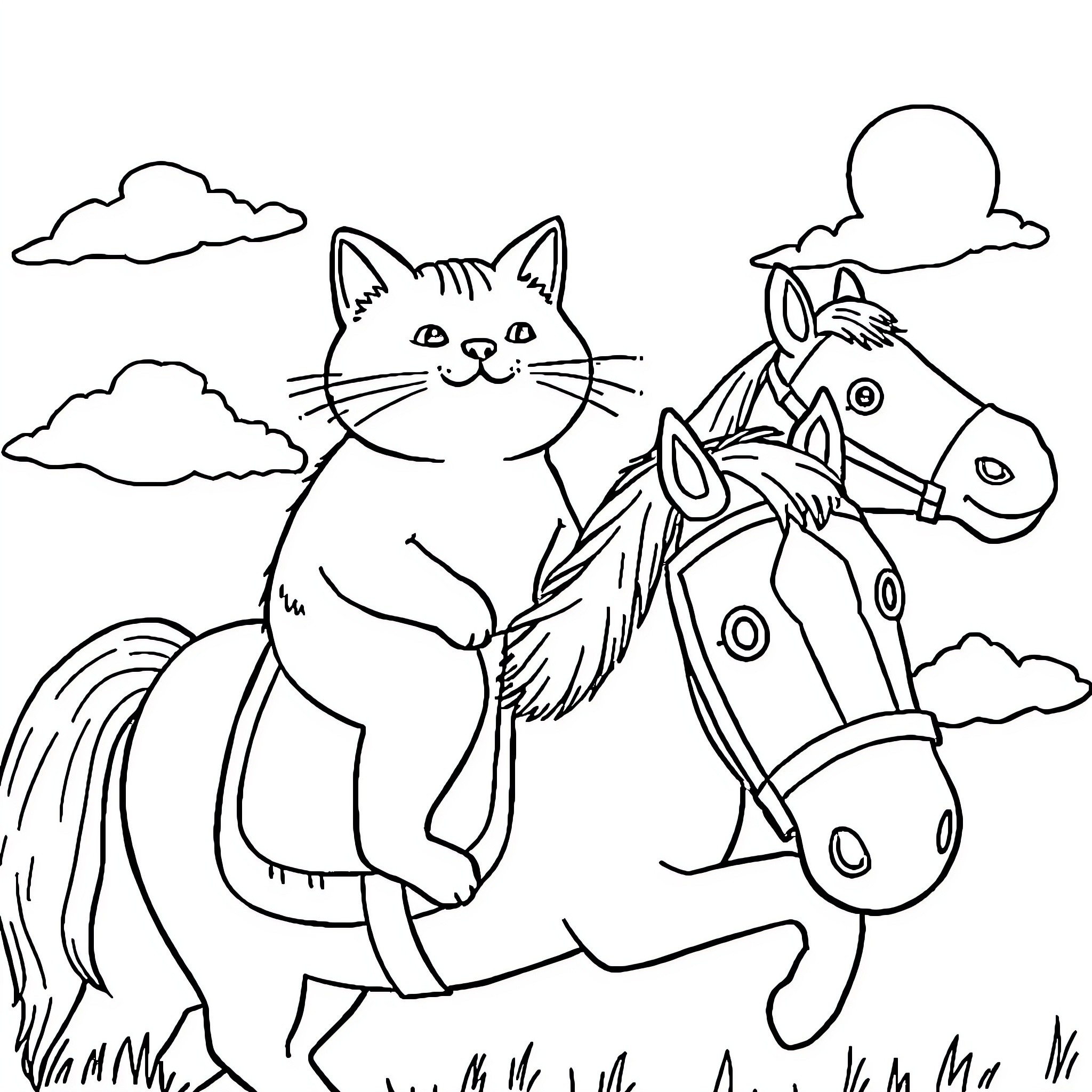 Pusheen riding a horse in the park Coloring Page (free black-and-white line drawing printable PDF for all, from beginners to advanced learners, including children, teens, adults, and seniors)
