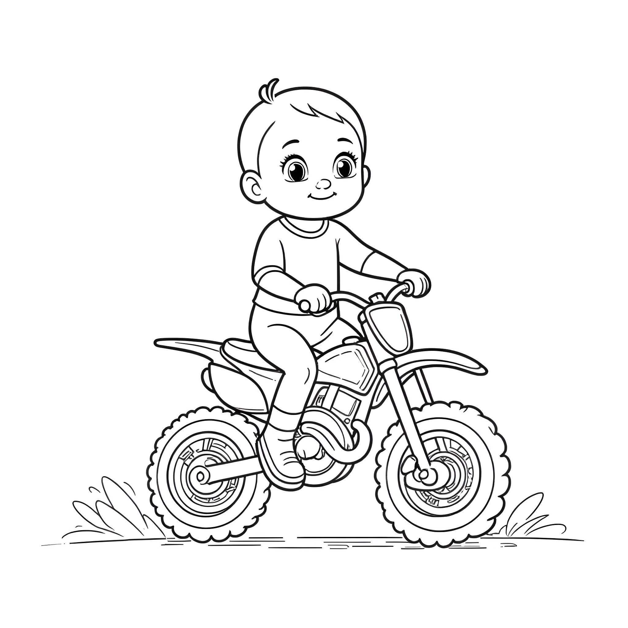 Baby playing happily on a motorcycle Coloring Page (free black-and-white line drawing printable PDF for all, from beginners to advanced learners, including children, teens, adults, and seniors)