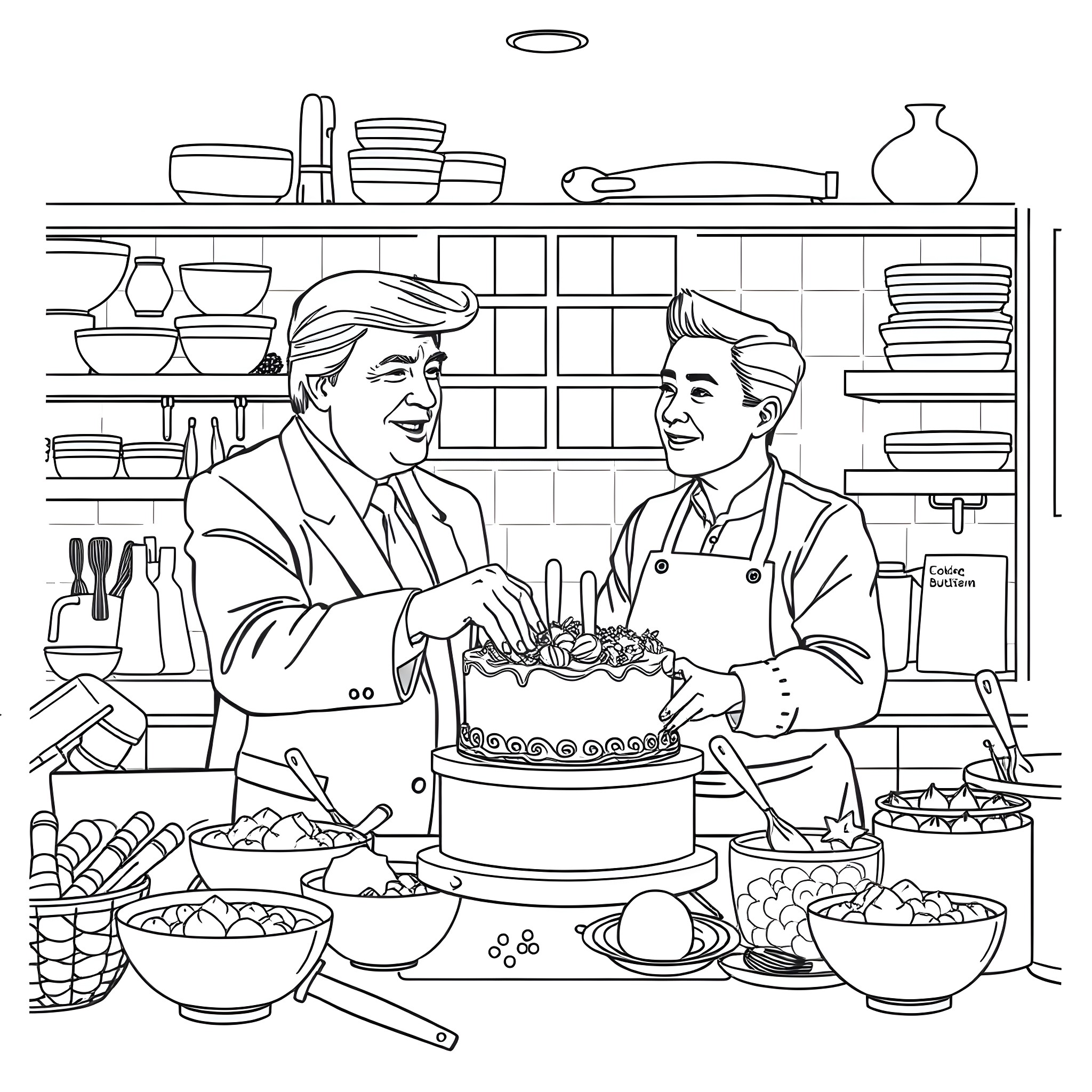 Trump and chef posing with a cake in the kitchen Coloring Page (free black-and-white line drawing printable PDF for all, from beginners to advanced learners, including children, teens, adults, and seniors)