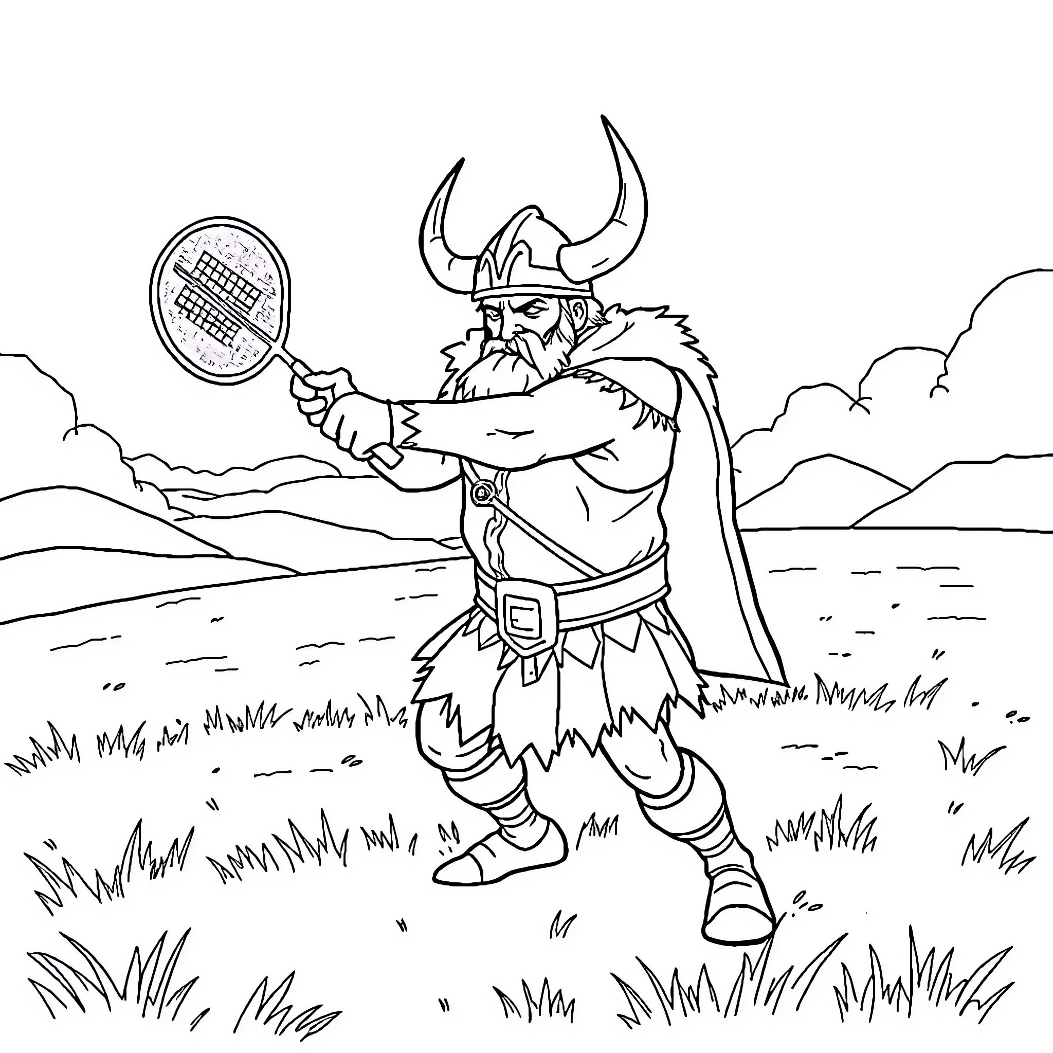 Viking Warrior Plays Tennis in Picturesque Landscape Coloring Page (free black-and-white line drawing printable PDF for all, from beginners to advanced learners, including children, teens, adults, and seniors)