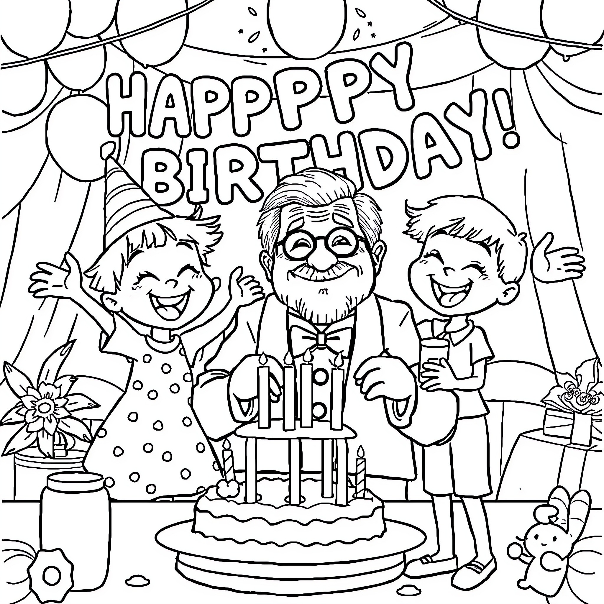 Bluey's Joyful Birthday Celebration Coloring Page (free black-and-white line drawing printable PDF for all, from beginners to advanced learners, including children, teens, adults, and seniors)