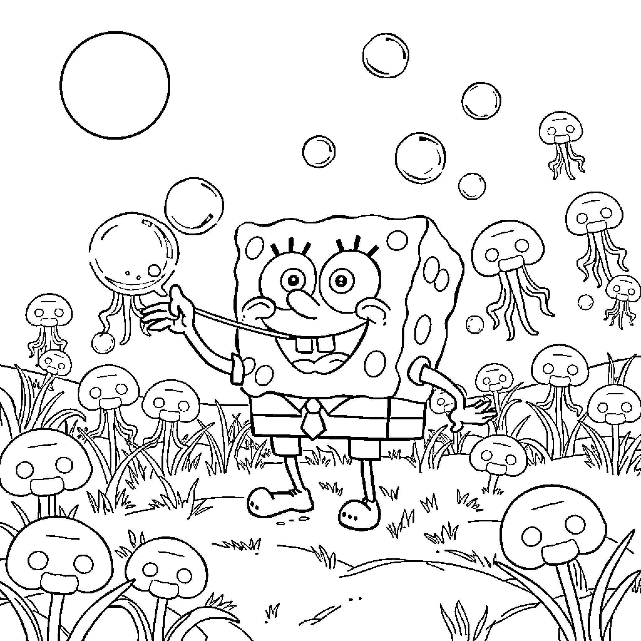 Spongebob exploring the underwater world with jellyfish Coloring Page (free black-and-white line drawing printable PDF for all, from beginners to advanced learners, including children, teens, adults, and seniors)