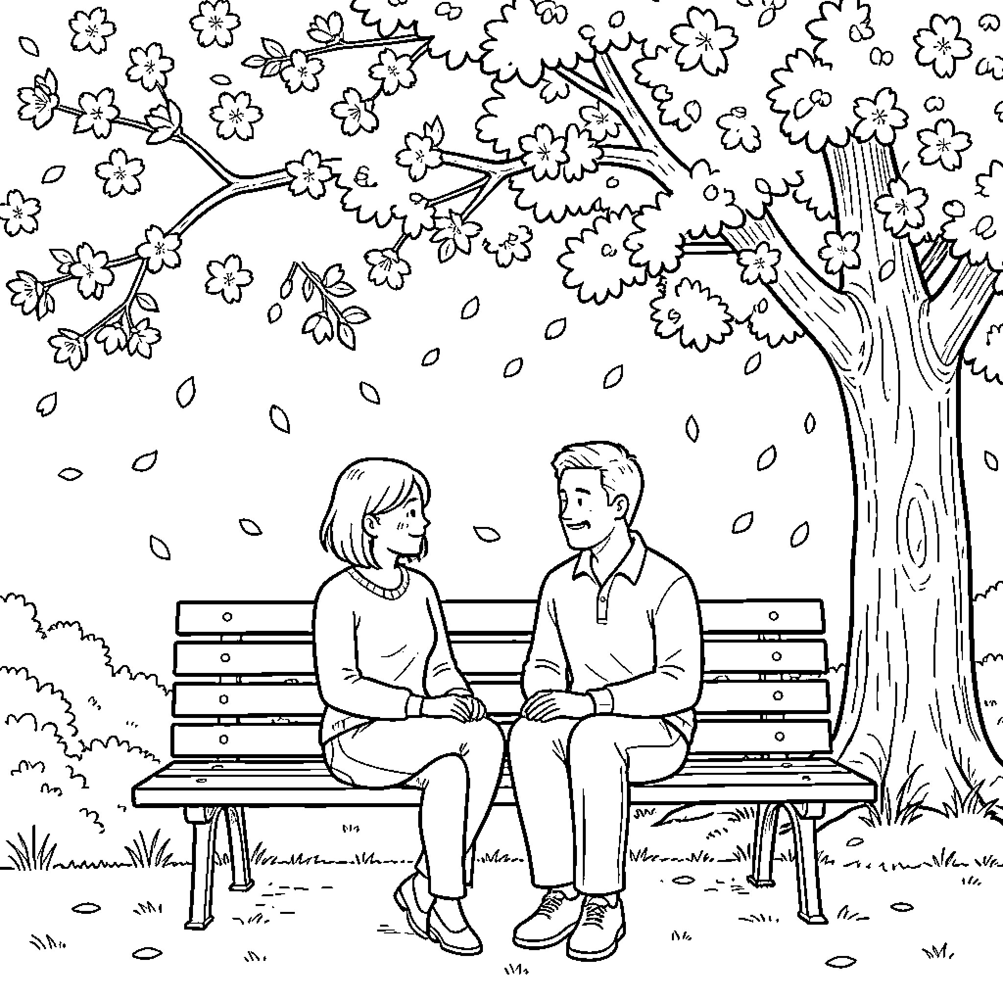 Couple sitting on a park bench under a blooming tree Coloring Page (free black-and-white line drawing printable PDF for all, from beginners to advanced learners, including children, teens, adults, and seniors)