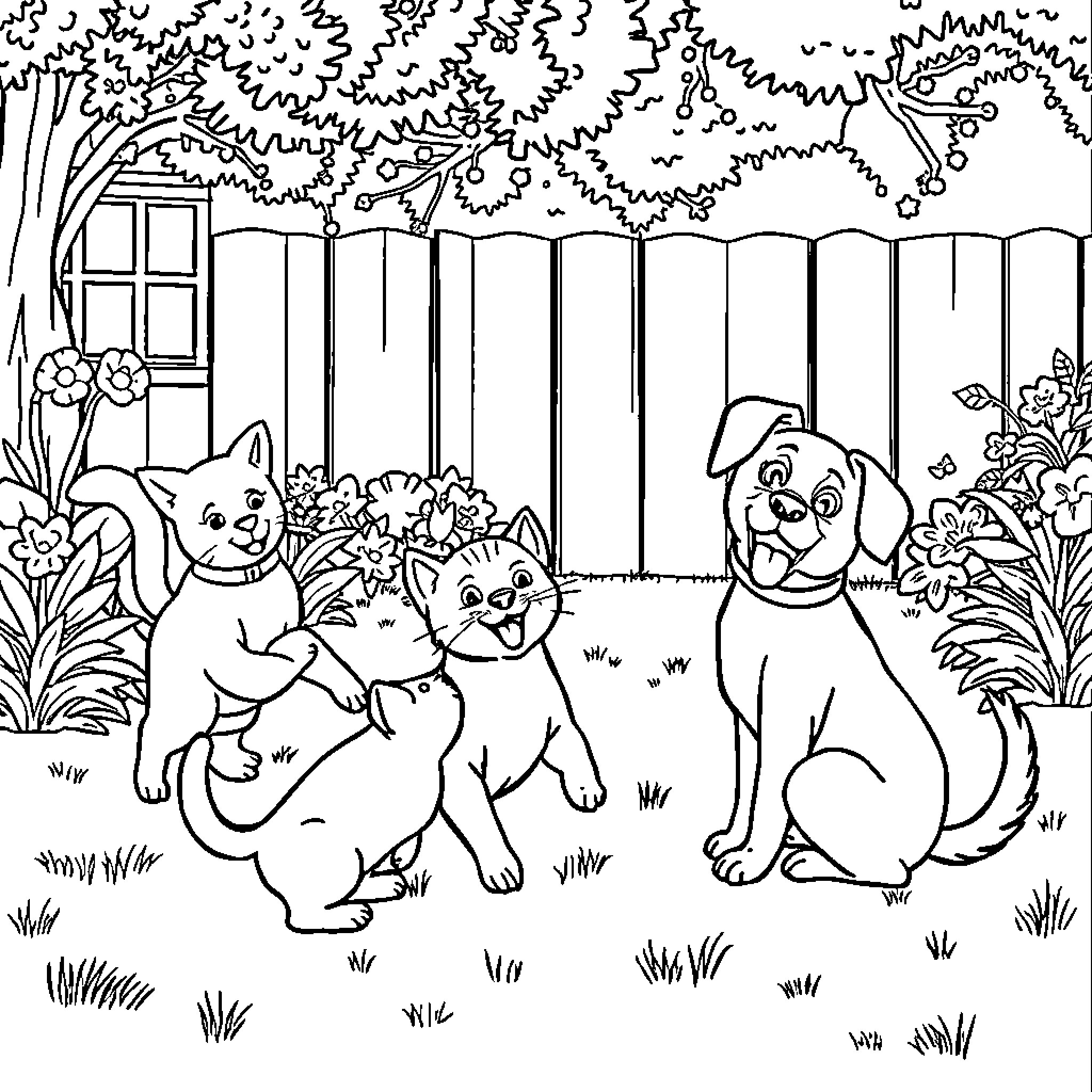 Cat and Dog playing together in the garden Coloring Page (free black-and-white line drawing printable PDF for all, from beginners to advanced learners, including children, teens, adults, and seniors)