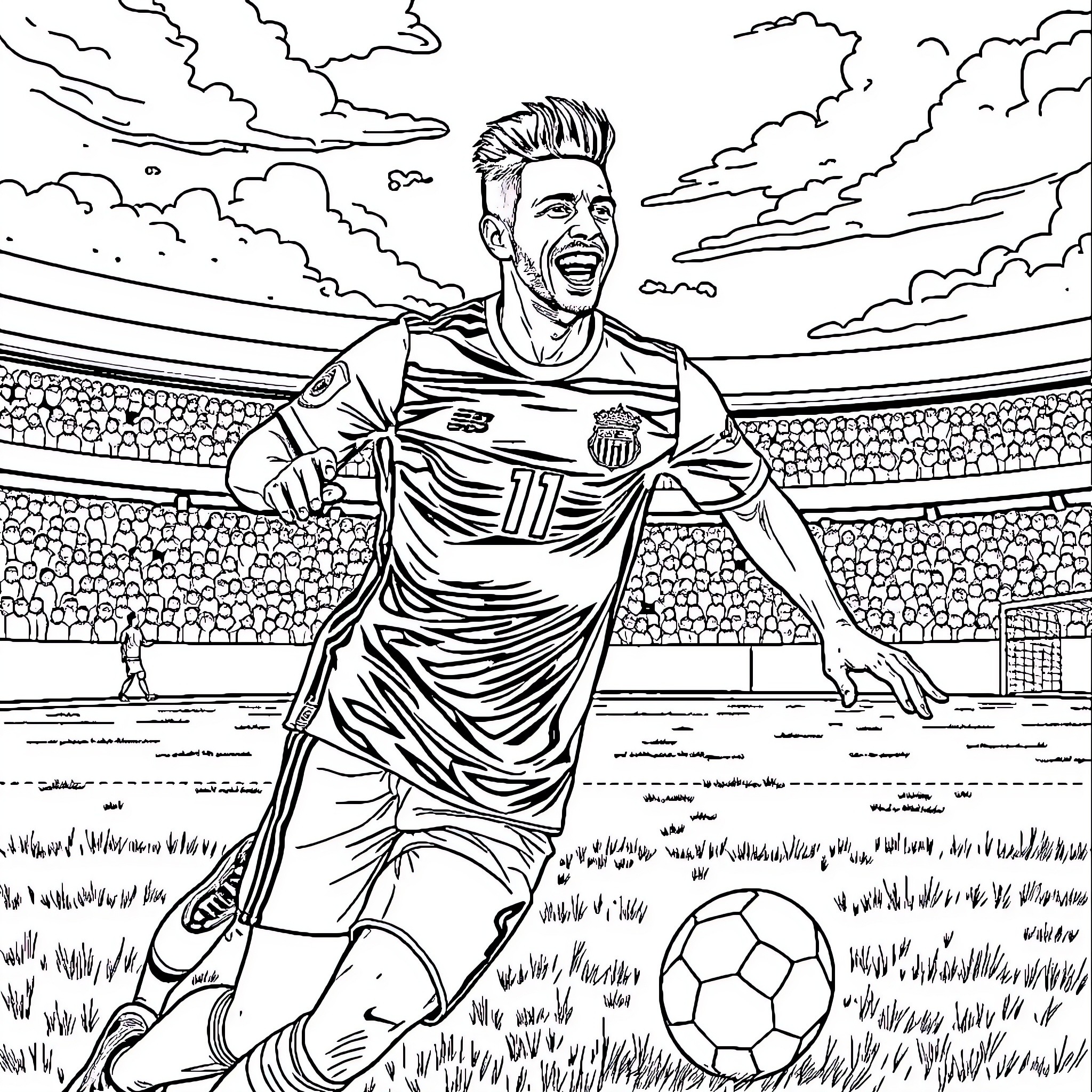 Neymar celebrating goal in soccer stadium Coloring Page (free black-and-white line drawing printable PDF for all, from beginners to advanced learners, including children, teens, adults, and seniors)