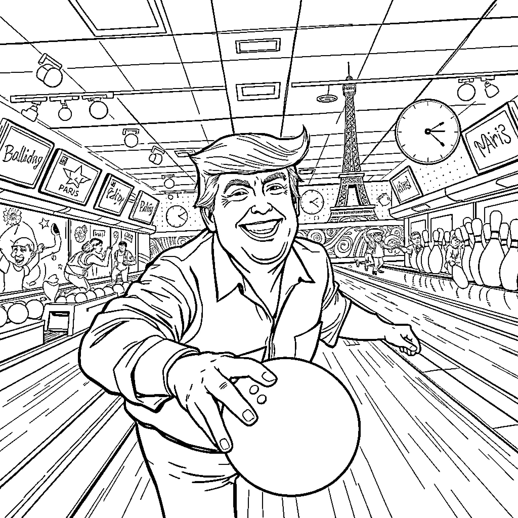 Trump Bowling for Attention in the Parisian Playroom Coloring Page (free black-and-white line drawing printable PDF for all, from beginners to advanced learners, including children, teens, adults, and seniors)