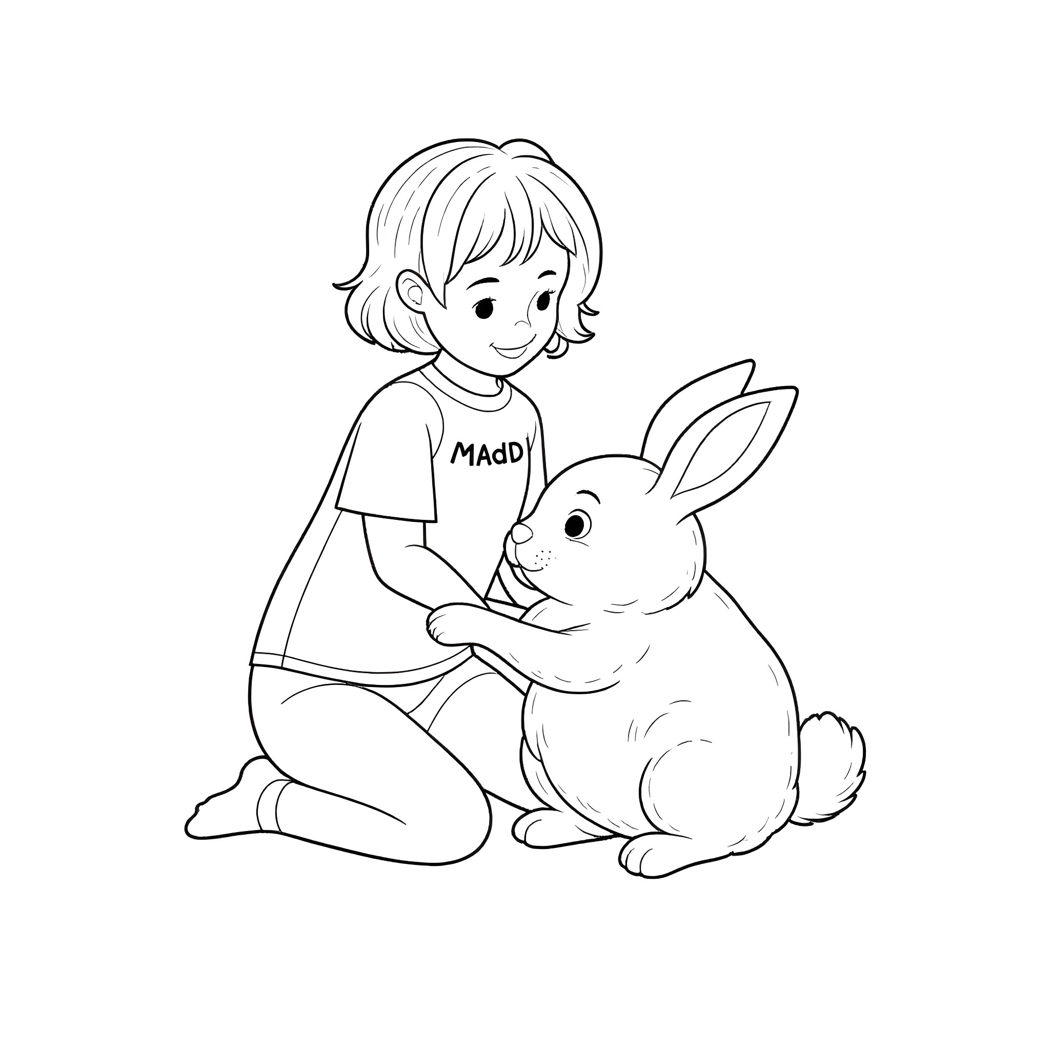 Girl playing with a cute bunny Coloring Page (free black-and-white line drawing printable PDF for all, from beginners to advanced learners, including children, teens, adults, and seniors)
