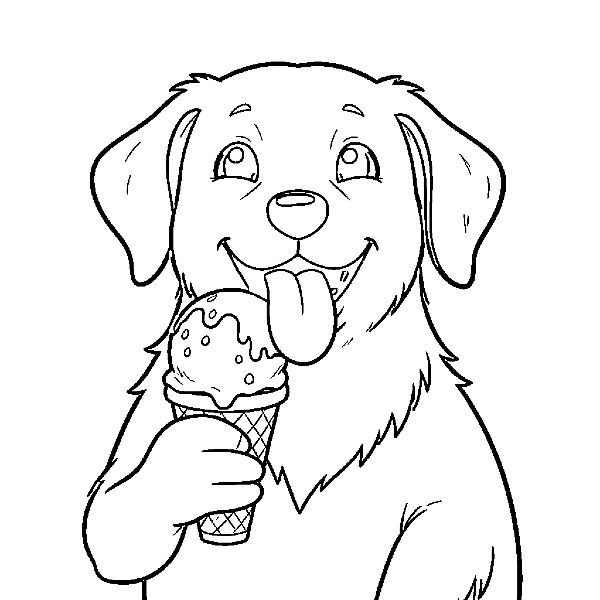 Dog smiling joyfully while holding an ice cream cone Coloring Page (free black-and-white line drawing printable PDF for all, from beginners to advanced learners, including children, teens, adults, and seniors)