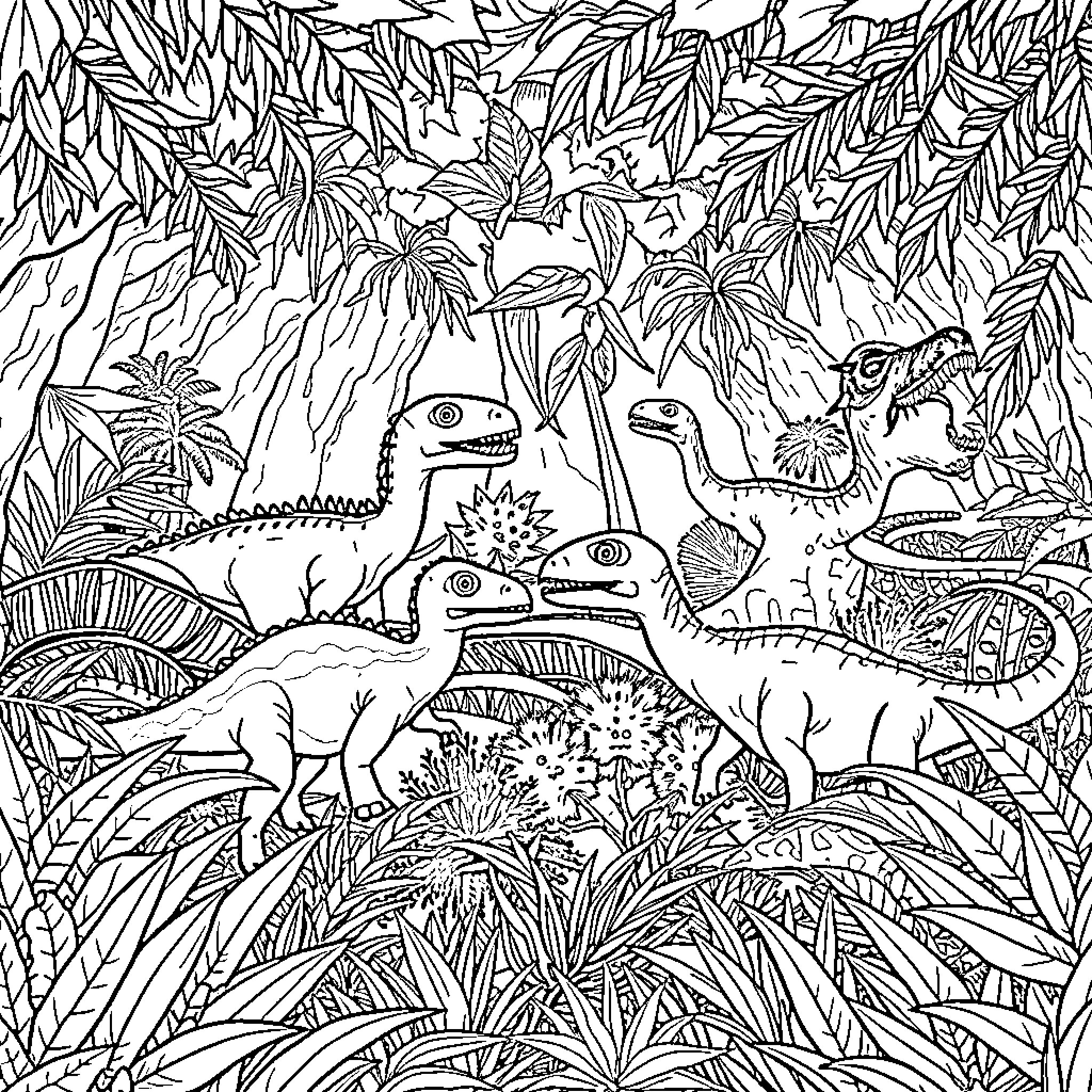 Dinosaurs Roaming Through Lush Jungle Foliage Coloring Page (free black-and-white line drawing printable PDF for all, from beginners to advanced learners, including children, teens, adults, and seniors)